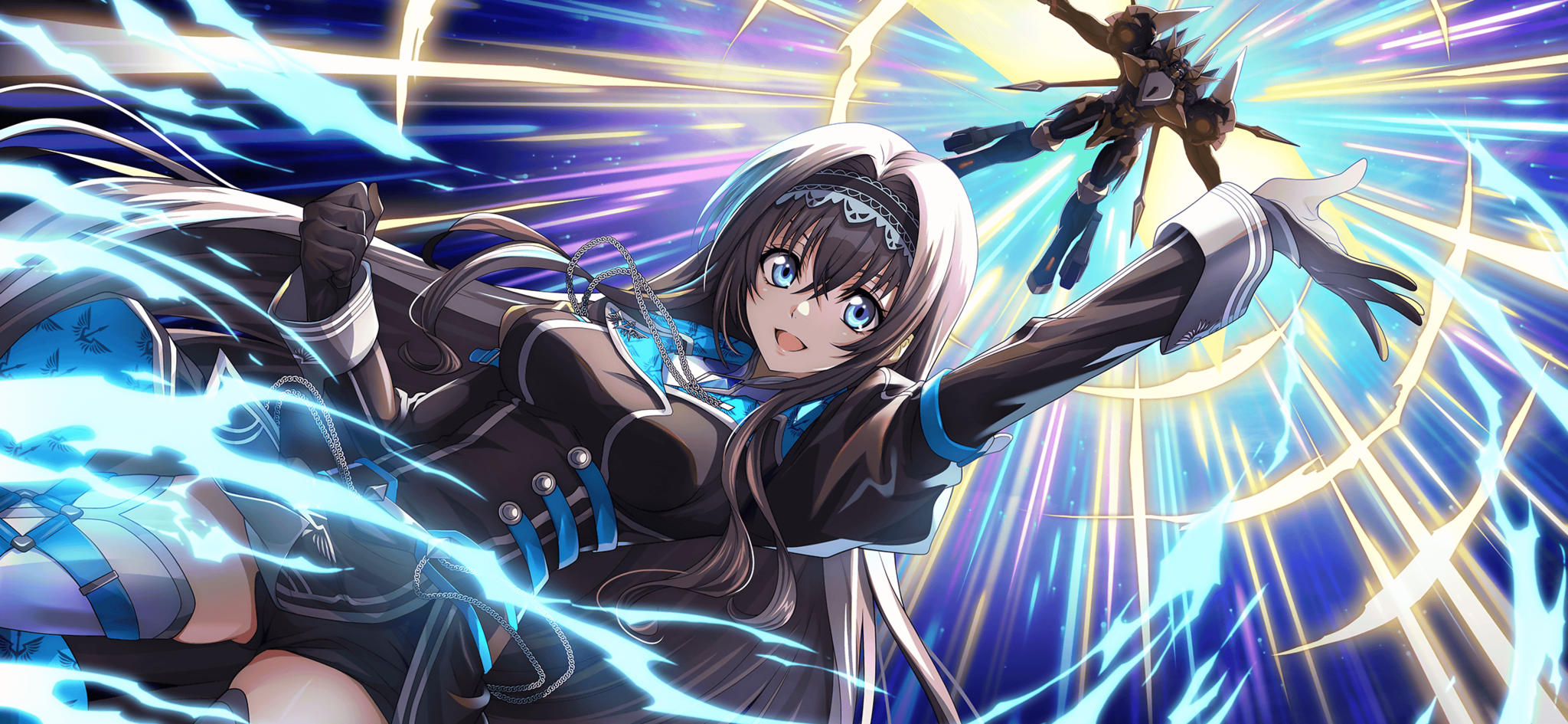 f4samurai, maya disel, code geass, code geass: lost stories, commentary request, highres, official art, 1girl, arm up, black gloves, black hair, black jacket, blue eyes, breasts, gloves, hairband, jacket, knightmare frame, large breasts, long hair, mecha, open mouth, robot, smile, solo