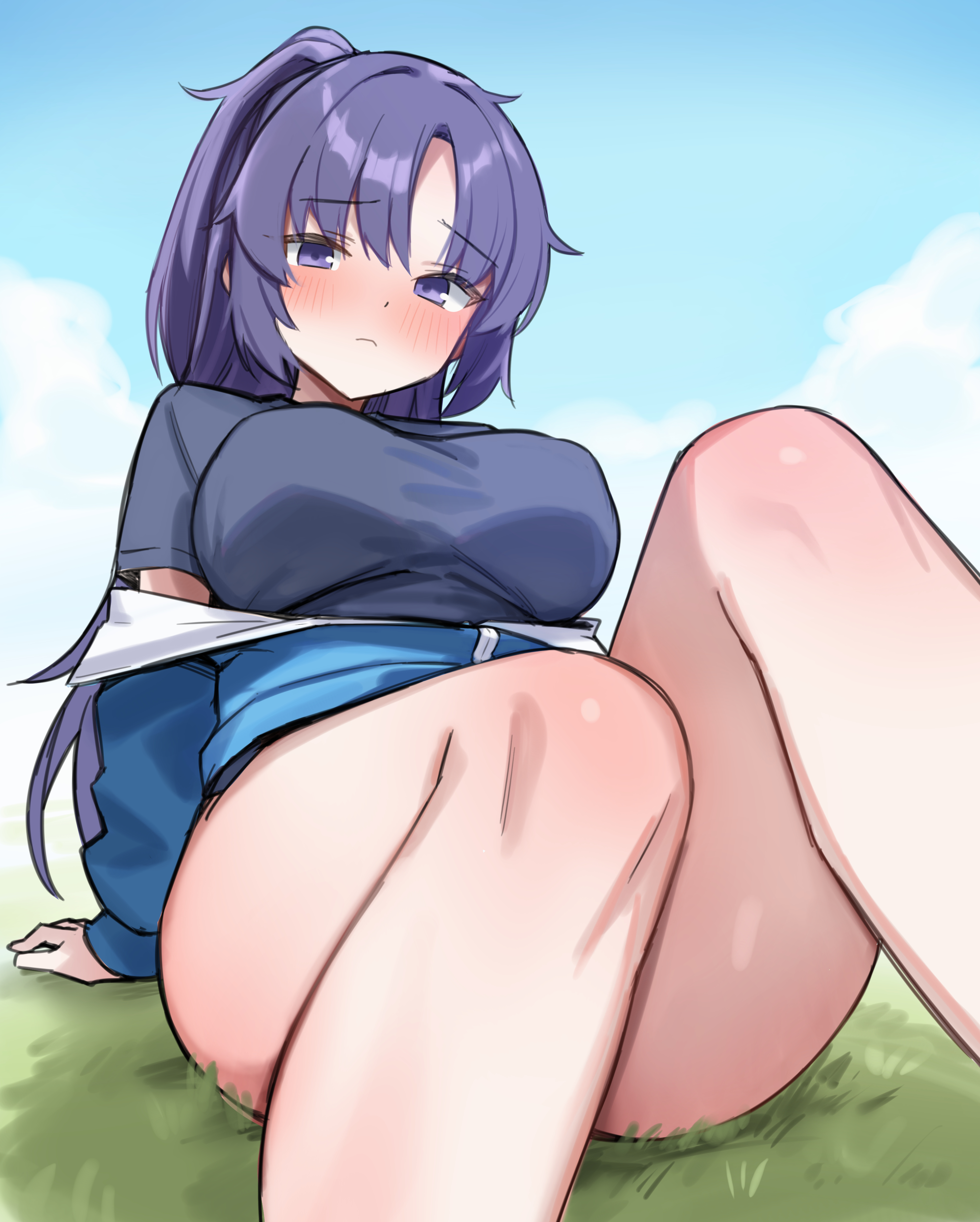 brll, yuuka (blue archive), yuuka (track) (blue archive), blue archive, absurdres, commentary, highres, 1girl, bare legs, blue eyes, blue hair, blue jacket, blue shirt, blue sky, blush, breasts, closed mouth, cloud, cloudy sky, day, embarrassed, feet out of frame, frown, furrowed brow, grass, gym shirt, gym uniform, jacket, knees together feet apart, leaning back, long hair, looking at viewer, medium breasts, off shoulder, official alternate costume, open clothes, open jacket, outdoors, parted bangs, ponytail, shirt, short sleeves, sitting, sky, solo, track jacket