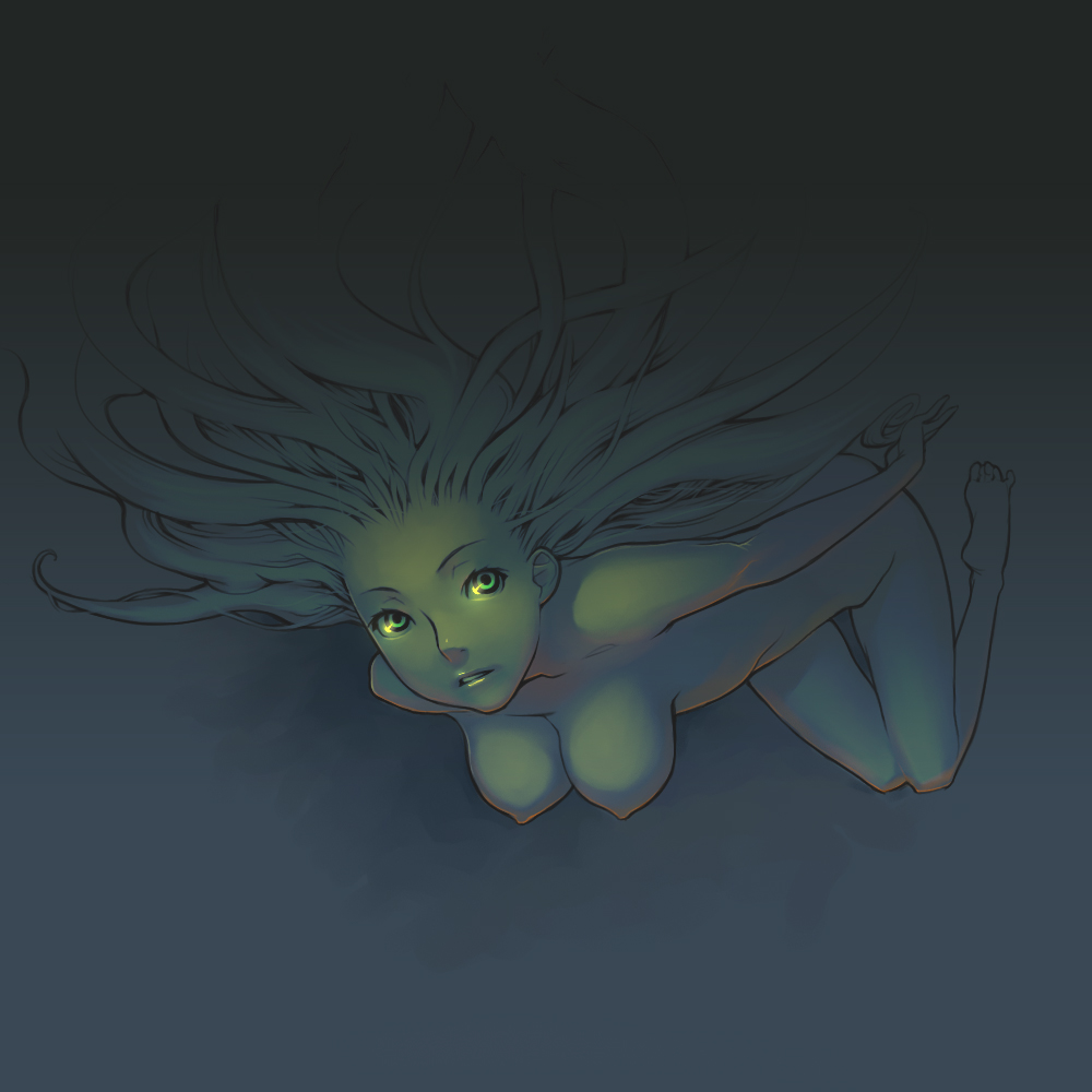 kaieda hiroshi, original, 1girl, barefoot, breasts, dark, female focus, green eyes, large breasts, long hair, nipples, nude, solo