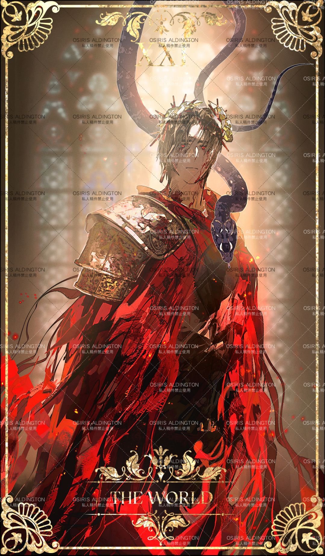 monk (final fantasy), vergilius (project moon), limbus company, project moon, highres, 1boy, arched window, armor, black hair, blood, blood on clothes, blood on face, breastplate, cloak, cowboy shot, duanxiaosheng1, expressionless, indoors, light rays, looking at viewer, male focus, red cloak, red eyes, short hair, shoulder armor, snake, solo, tarot, the world (tarot), too many watermarks, torn cloak, torn clothes, watermark, window