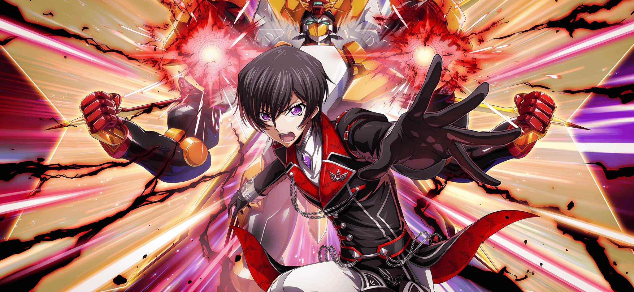 f4samurai, lelouch vi britannia, code geass, code geass: lost stories, commentary request, highres, official art, 1boy, black gloves, black hair, black jacket, gloves, jacket, knightmare frame, mecha, open mouth, purple eyes, robot, skirt, solo, teeth, white skirt