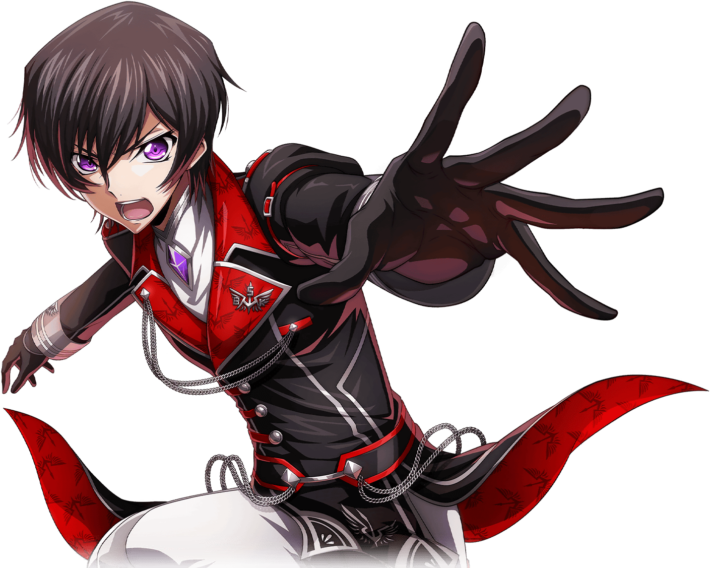 f4samurai, lelouch vi britannia, code geass, code geass: lost stories, commentary request, official art, 1boy, black gloves, black hair, black jacket, gloves, jacket, military uniform, open mouth, purple eyes, skirt, solo, teeth, white skirt