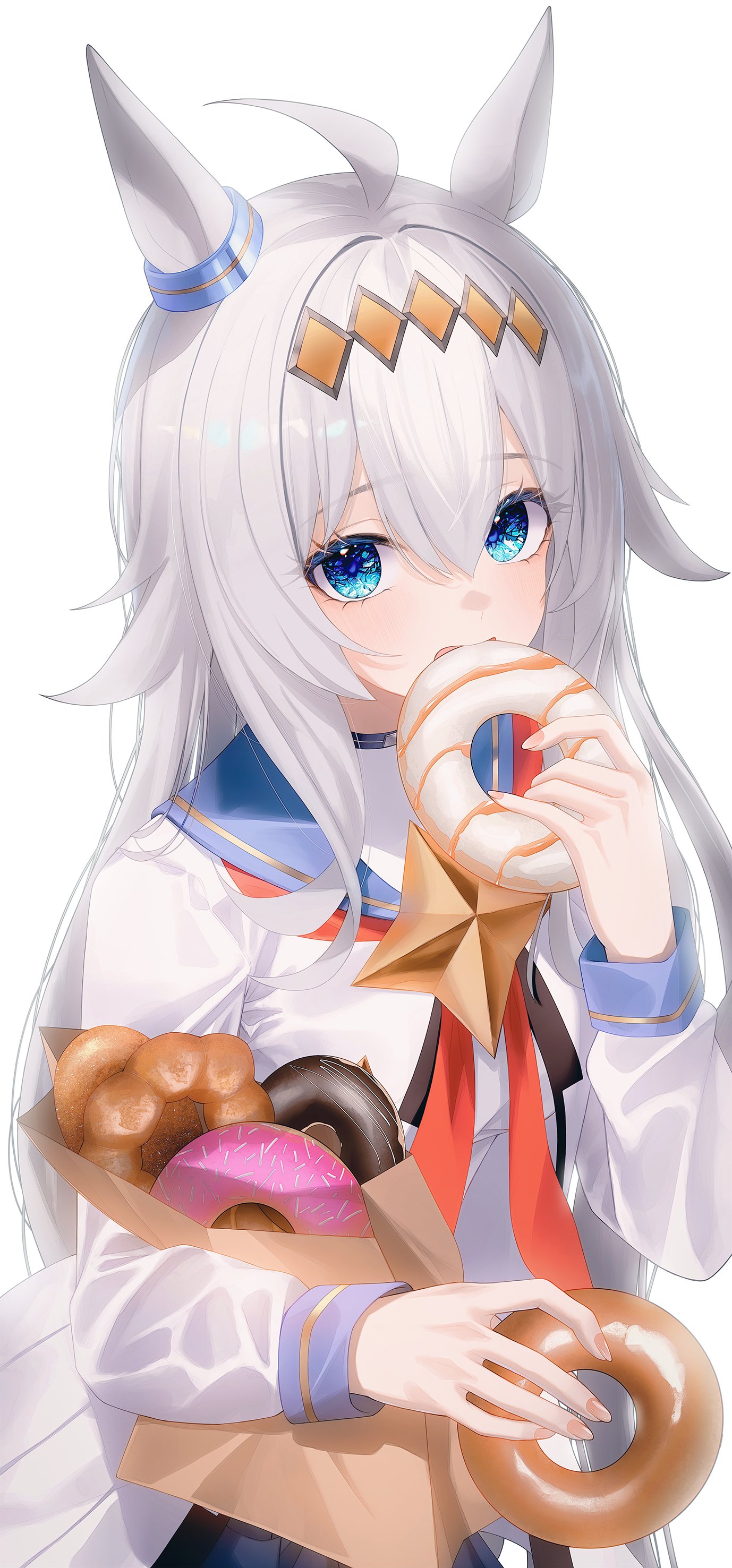 rang c, oguri cap (starlight beat) (umamusume), oguri cap (umamusume), umamusume, absurdres, highres, 1girl, ahoge, animal ears, blue eyes, blue sailor collar, blue skirt, blush, brooch, donut, ear ornament, eating, food, food in mouth, glutton, grey hair, hair between eyes, hair ornament, hairband, holding, holding donut, holding food, horse ears, horse girl, jacket, jewelry, long hair, long sleeves, looking at viewer, multicolored hair, neckerchief, open mouth, red neckerchief, sailor collar, shirt, simple background, skirt, solo, star brooch, upper body, white background, white jacket, white shirt