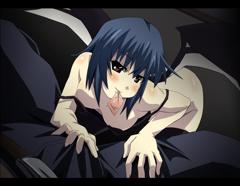 shin'ya (nanp), remilia scarlet, touhou, 1boy, 1girl, between legs, blue hair, blush, condom, condom in mouth, condom wrapper, crotch grab, downblouse, looking at viewer, mouth hold, naughty face, pov, pov crotch, red eyes, short hair, smile, solo focus, strap slip, wings