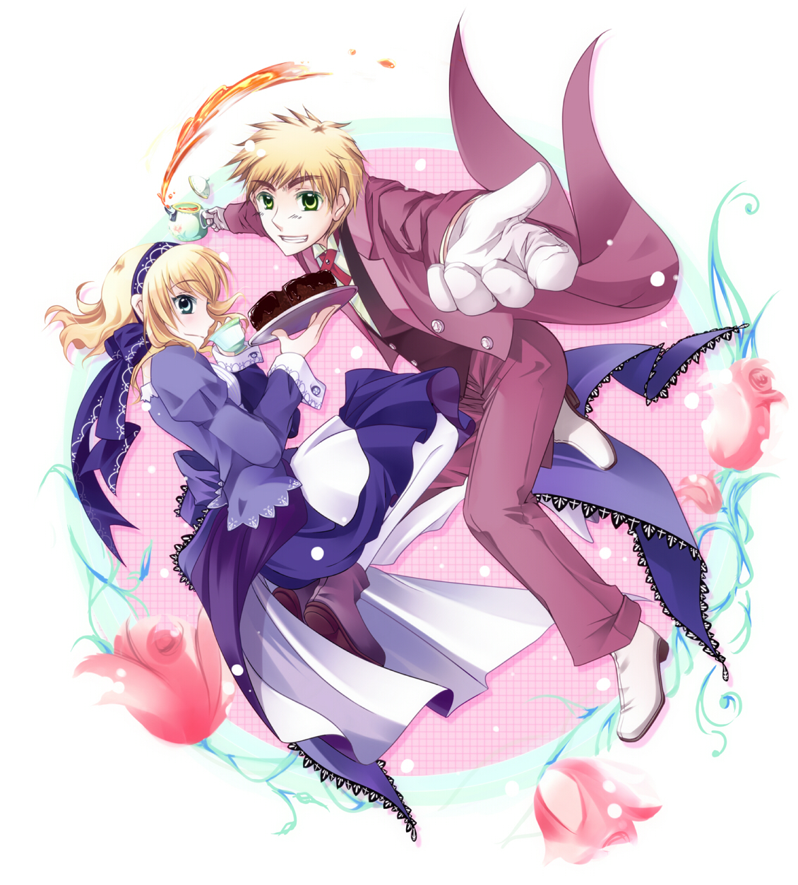tokei, belgium (hetalia), united kingdom (hetalia), axis powers hetalia, highres, 00s, blonde hair, boots, cake, chocolate, cup, dress, flower, food, green eyes, grin, hair ribbon, pastry, ribbon, short hair, smile, tea, teacup, teapot, tuxedo