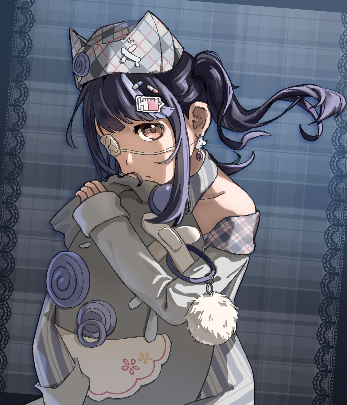 esseling (infinity nikki), quirky idea (infinity nikki), sad sack (infinity nikki), infinity nikki, nikki (series), chinese commentary, commentary request, highres, 1girl, animal ear headwear, animal ears, bare shoulders, black hair, blue background, blue border, blue collar, blue dress, blue hat, blunt bangs, border, brown eyes, cat earrings, cat ears, closed mouth, collar, collarbone, cowboy shot, creature, detached collar, dot nose, dress, earrings, expressionless, eyelashes, eyepatch, fake animal ears, floating hair, frown, hair ornament, hairclip, hat, holding, holding creature, jewelry, lace, lace border, long hair, long sleeves, looking at viewer, luoyusha80129, medical eyepatch, multicolored hair, off-shoulder dress, off shoulder, ornate border, outside border, pill hair ornament, plaid background, plaid hat, sidelocks, sitting, sleeve cuffs, sleeves past wrists, solo, streaked hair, striped clothes, striped dress, syringe, syringe hair ornament, twintails, two-tone dress, vertical-striped clothes, vertical-striped collar, vertical-striped dress, white dress