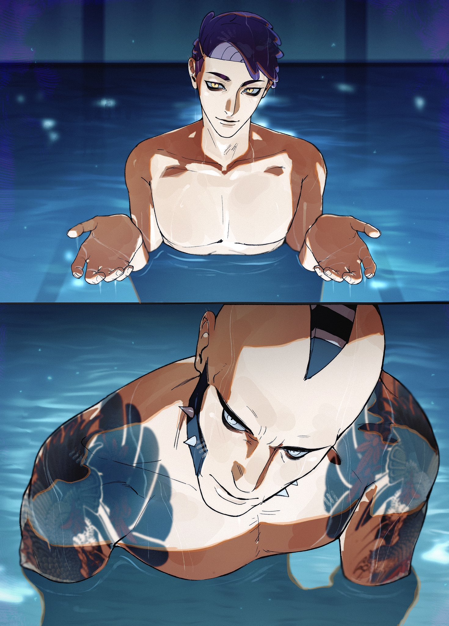 shu0718, corbeau (pokemon), philippe (pokemon), nintendo, pokemon, pokemon legends: z-a, highres, 2boys, arm tattoo, closed mouth, i'll teach you everything (chainsaw man), implied nudity, looking at another, male focus, movie reference, multiple boys, pool, purple hair, scene reference, short hair, shoulder tattoo, sideburns, skinny dipping, smile, tattoo, undercut, water, wet, wet hair, white eyes, yaoi, yellow eyes