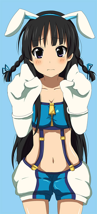 hirano yui, akiyama mio, pipin, k-on!, pangya, 1girl, animal ears, black hair, braid, cosplay, fake animal ears, female focus, midriff, navel, pipin (cosplay), rabbit ears, simple background, solo, twin braids