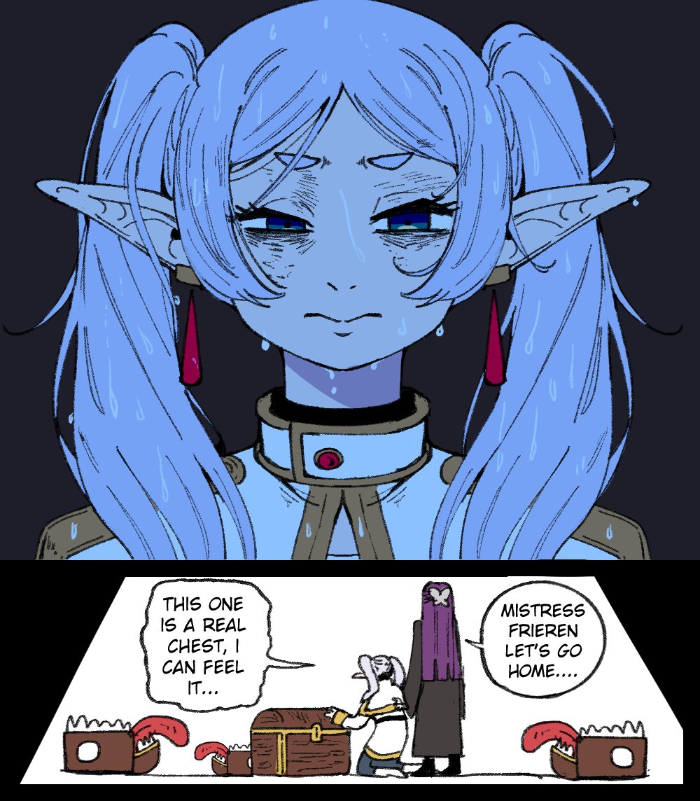 wanderjegson, fern (sousou no frieren), frieren, mimic chest, sousou no frieren, commentary, english commentary, 2girls, bags under eyes, black coat, capelet, coat, earrings, elf, english text, green eyes, grey hair, hair over shoulder, half-closed eyes, jewelry, kneeling, long pointy ears, messy hair, mimic, multiple girls, parted bangs, pointy ears, purple hair, saliva, sharp teeth, speech bubble, straight-on, sweat, teardrop earrings, teeth, thick eyebrows, tongue, twintails, upper body, v-shaped eyebrows, wet, white capelet