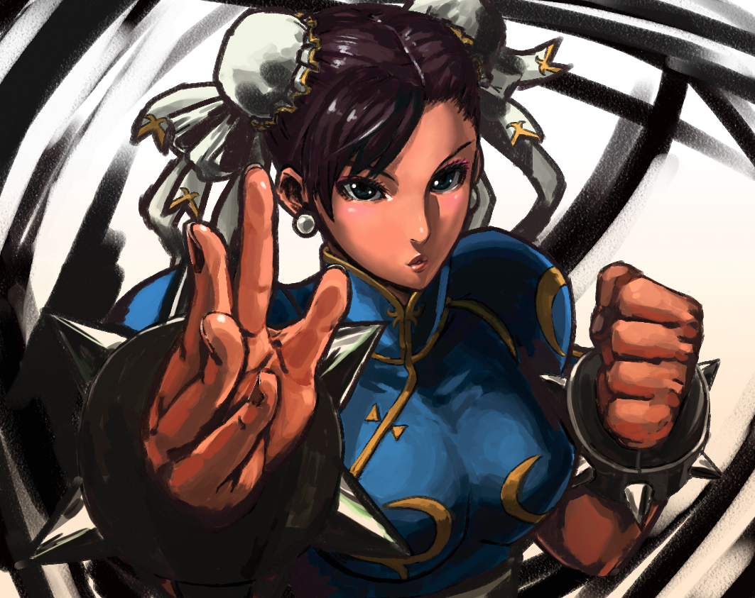 hensou, chun-li, capcom, street fighter, black eyes, bracelet, brown hair, china dress, chinese clothes, double bun, dress, eyeshadow, jewelry, makeup, solo, spiked bracelet, spikes