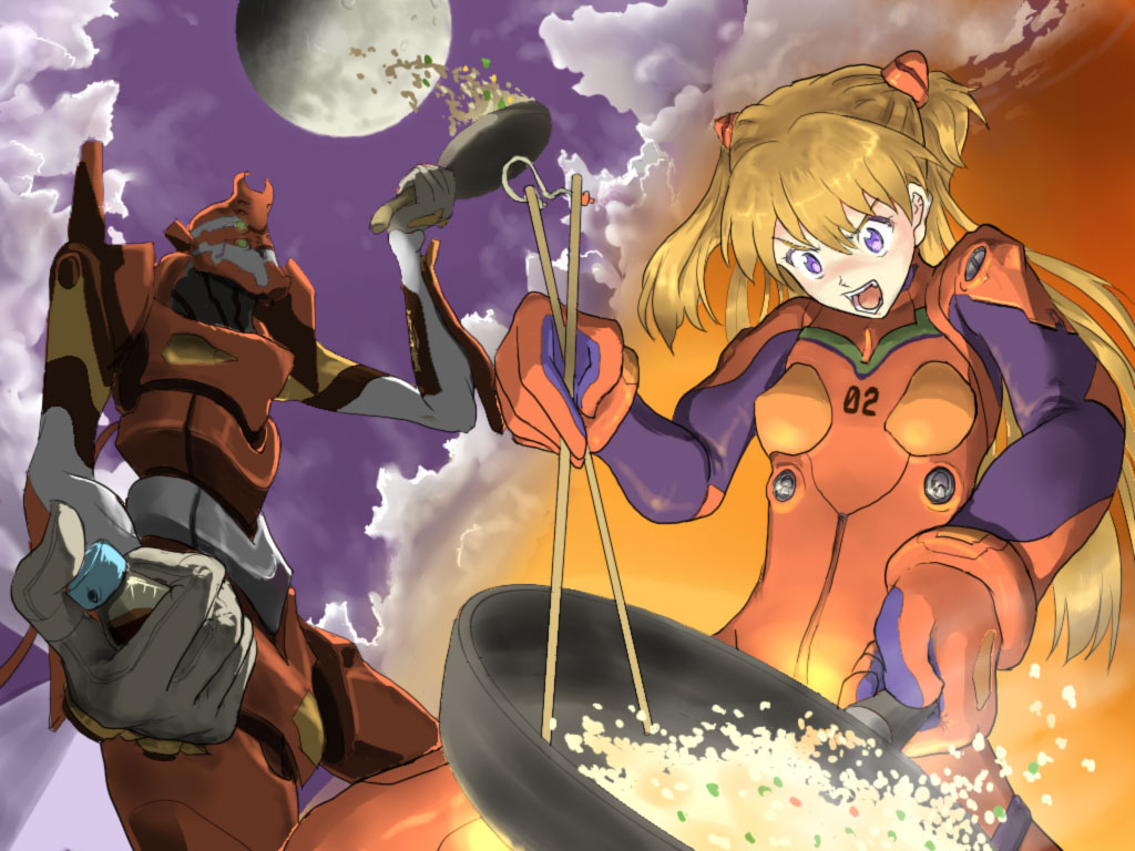 puakachan, puuakachan, eva 02, souryuu asuka langley, neon genesis evangelion, rebuild of evangelion, bad id, bad pixiv id, 00s, 1girl, blue eyes, brown hair, chopsticks, cooking, food, foreshortening, fried rice, frying pan, mecha pilot suit, moon, plugsuit (evangelion), rice, twintails