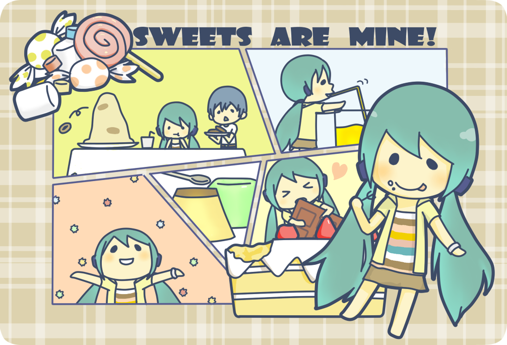 hatsune miku, kaito (vocaloid), vocaloid, > <, aqua hair, blue hair, cake, candy, chibi, chocolate, closed eyes, eating, food, heart, lollipop, long hair, pastry, pudding, swirl lollipop, twintails