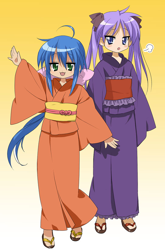 daitabashi kinu, hiiragi kagami, izumi konata, lucky star, bad id, bad pixiv id, 00s, 2girls, ahoge, blue eyes, blue hair, blush, bow, green eyes, hair bow, japanese clothes, kimono, long hair, mole, mole under eye, multiple girls, ponytail, purple hair, sandals, tsurime, twintails, yukata