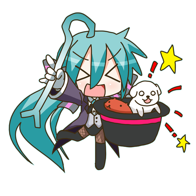 minami (colorful palette), capybara-san, chibi miku, hamo (dog), hatsune miku, hatsune miku (magician), miracle paint (vocaloid), project diva, project diva (series), vocaloid, > <, 1girl, aqua hair, chibi, closed eyes, dog, fishnet pantyhose, fishnets, gloves, hair ribbon, hat, holding, holding unworn clothes, holding unworn hat, long hair, magician, pantyhose, ponytail, ribbon, simple background, spring onion, star (symbol), thighhighs, unworn hat, unworn headwear