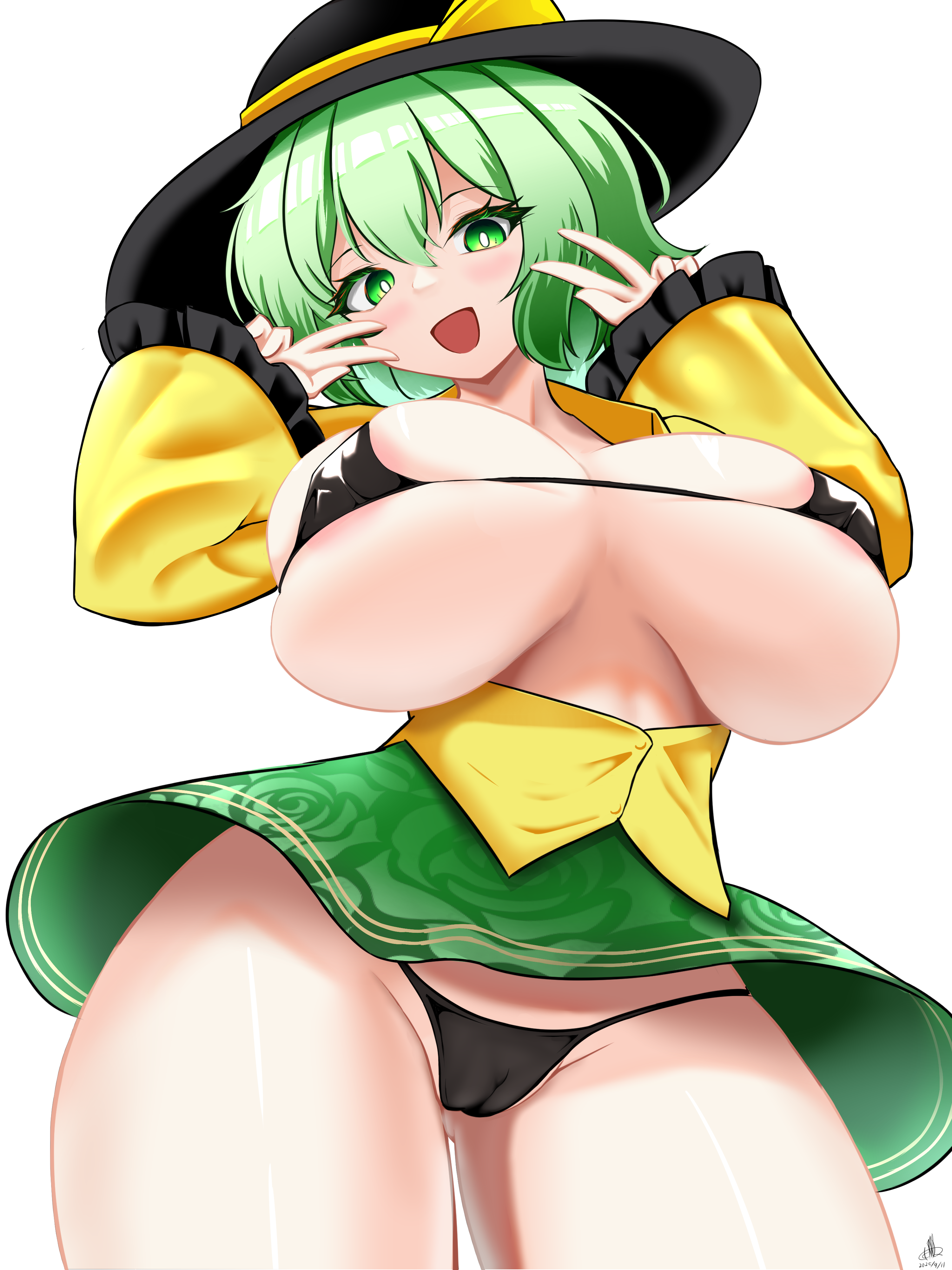 nuekane, komeiji koishi, touhou, absurdres, commentary request, highres, variant set, 1girl, alternate breast size (larger), bikini, black bikini, black hat, blush, breasts, breasts out, bright pupils, cameltoe, cleavage, cowboy shot, double v, green eyes, green hair, green skirt, groin, hat, huge breasts, long sleeves, looking at viewer, micro bikini, open mouth, panties, pantyshot, short hair, simple background, skirt, smile, solo, swimsuit, underwear, v, white background, white pupils