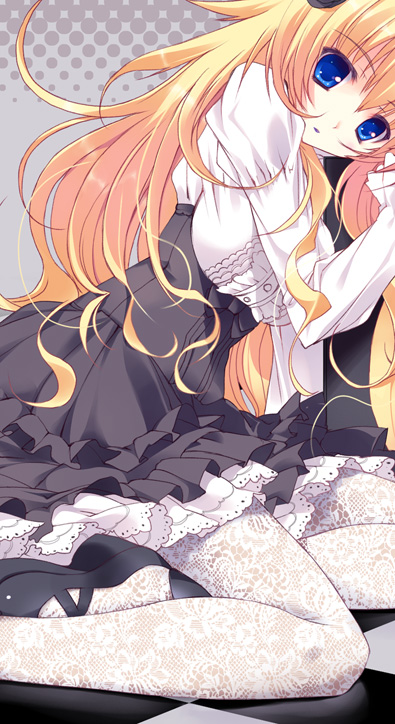 tsurusaki takahiro, lace legwear, 1girl, blonde hair, blue eyes, dress, female focus, lace, lace pantyhose, lolita fashion, long hair, pantyhose, print pantyhose, sitting, solo, white pantyhose, yokozuwari