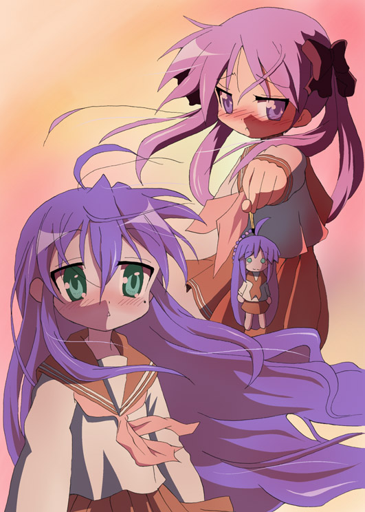 agenasu, hiiragi kagami, izumi konata, lucky star, 00s, 2girls, ahoge, aqua eyes, blue eyes, blue hair, blush, bow, doll, hair bow, long hair, mole, mole under eye, multiple girls, purple hair, school uniform, serafuku, yuri