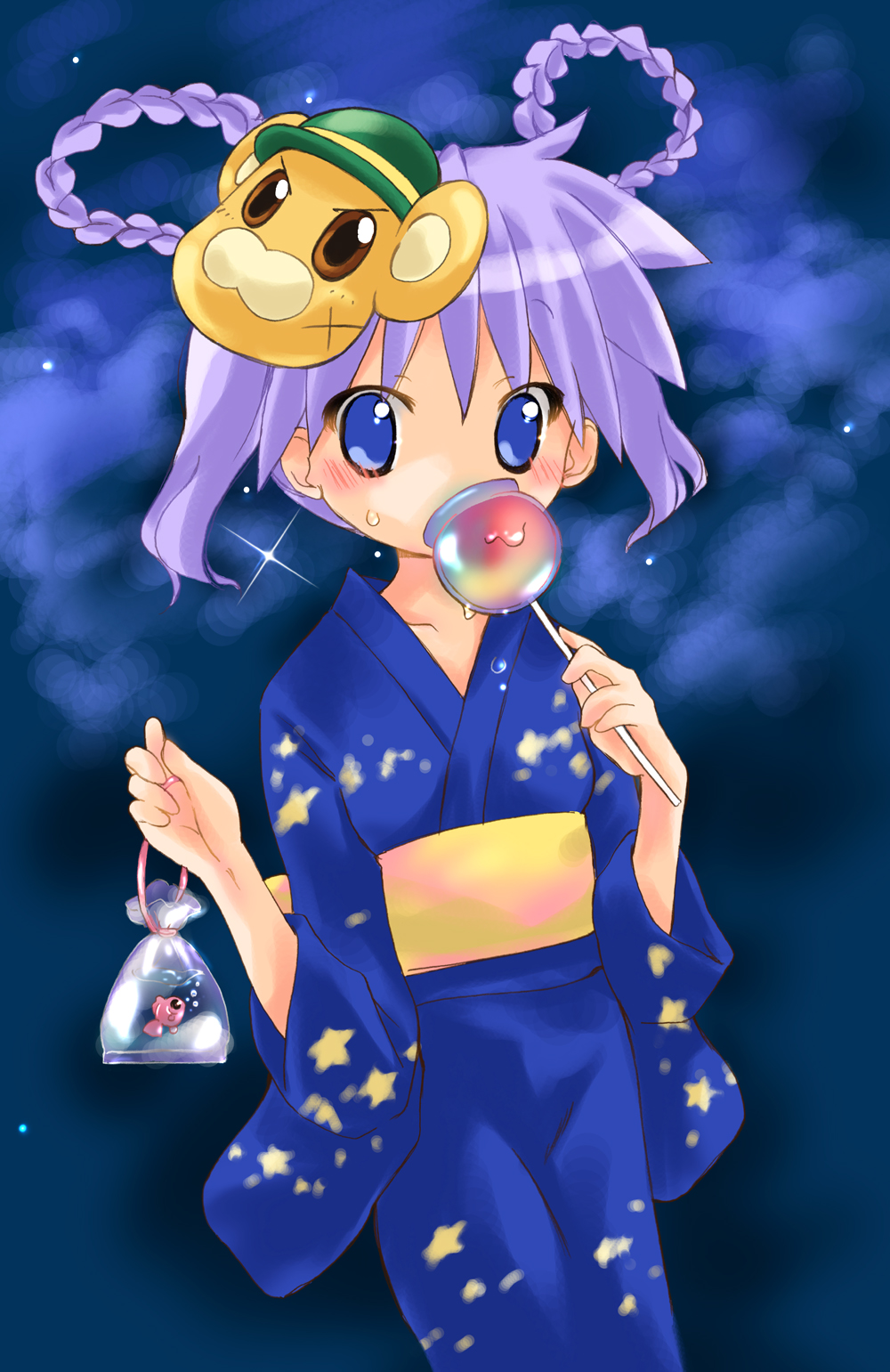 nyanmilla, bonta-kun, hiiragi kagami, full metal panic!, lucky star, highres, md5 mismatch, 00s, 1girl, apple, bag, blue eyes, blue kimono, braid, candy apple, character mask, female focus, festival, fish, food, fruit, goldfish, japanese clothes, kimono, mask, outdoors, purple hair, solo, twin braids, yukata