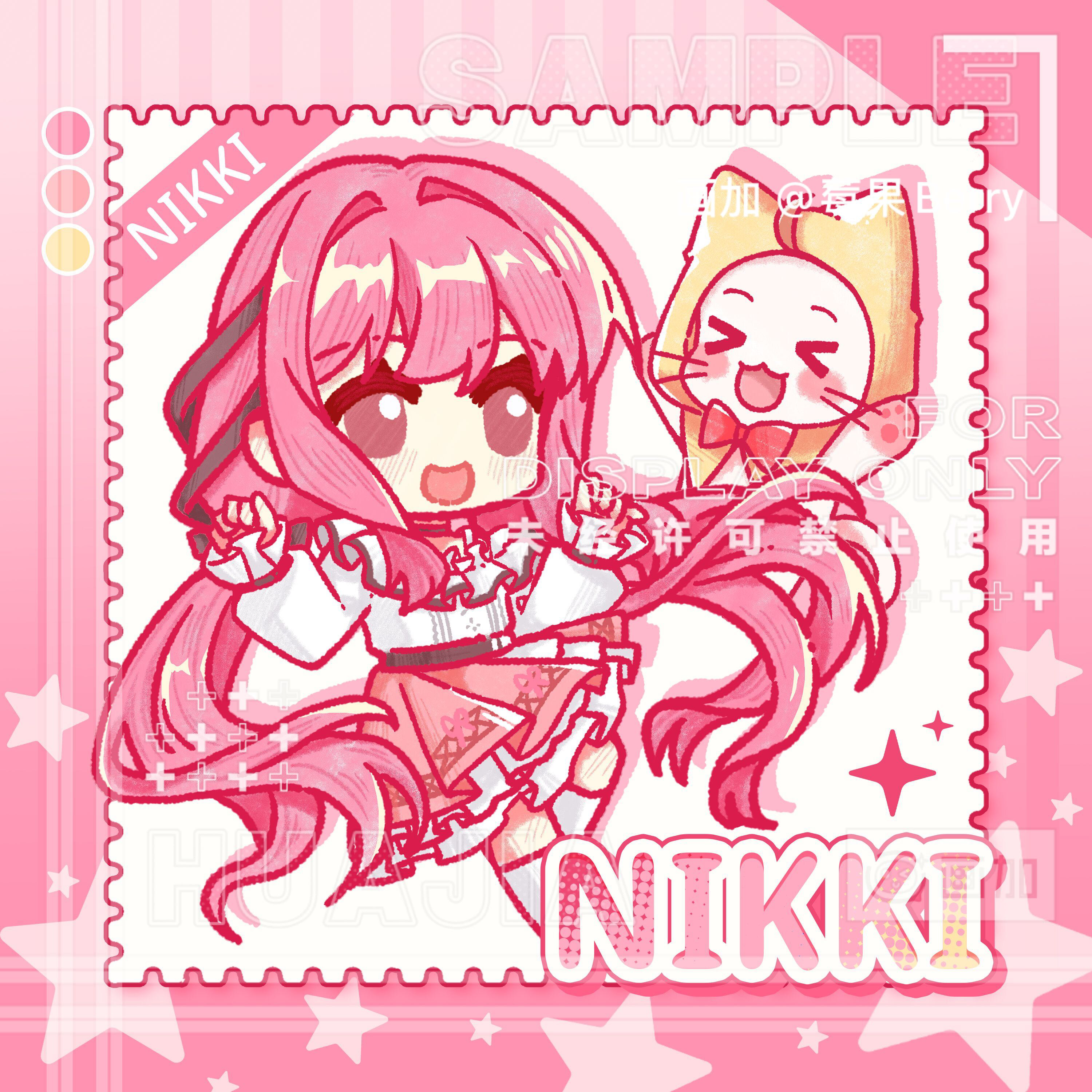 momo (nikki), nikki (nikki), perfect start (infinity nikki), infinity nikki, nikki (series), absurdres, chinese commentary, commentary request, commission, highres, > <, 1girl, absurdly long hair, ahoge, animal, bare shoulders, belt, berry (xinjinjumin868478986919), black belt, black bow, black ribbon, blush stickers, bow, bow choker, bowtie, brown eyes, buttons, cat, character name, chibi, choker, cloak, clothed animal, color guide, drop shadow, ear covers, eyelashes, floating hair, frilled shirt, frilled skirt, frilled sleeves, frills, hair bow, hair intakes, hair ribbon, happy, hood, hood up, hooded cloak, kneehighs, layered skirt, light blush, long hair, long sleeves, looking ahead, low twintails, medium skirt, off-shoulder shirt, off shoulder, open mouth, pink background, pink bow, pink choker, pink hair, pink ribbon, pink skirt, pleated skirt, puffy long sleeves, puffy sleeves, red bow, red bowtie, ribbon, sample watermark, shirt, single stripe, skirt, sleeves past wrists, smile, snowflakes, socks, star (symbol), star symbol background, striped background, striped choker, traditional bowtie, tress ribbon, twintails, two-tone background, vertical-striped background, very long hair, viewfinder, watermark, wavy hair, whiskers, white background, white cat, white shirt, white skirt, white socks, yellow cloak