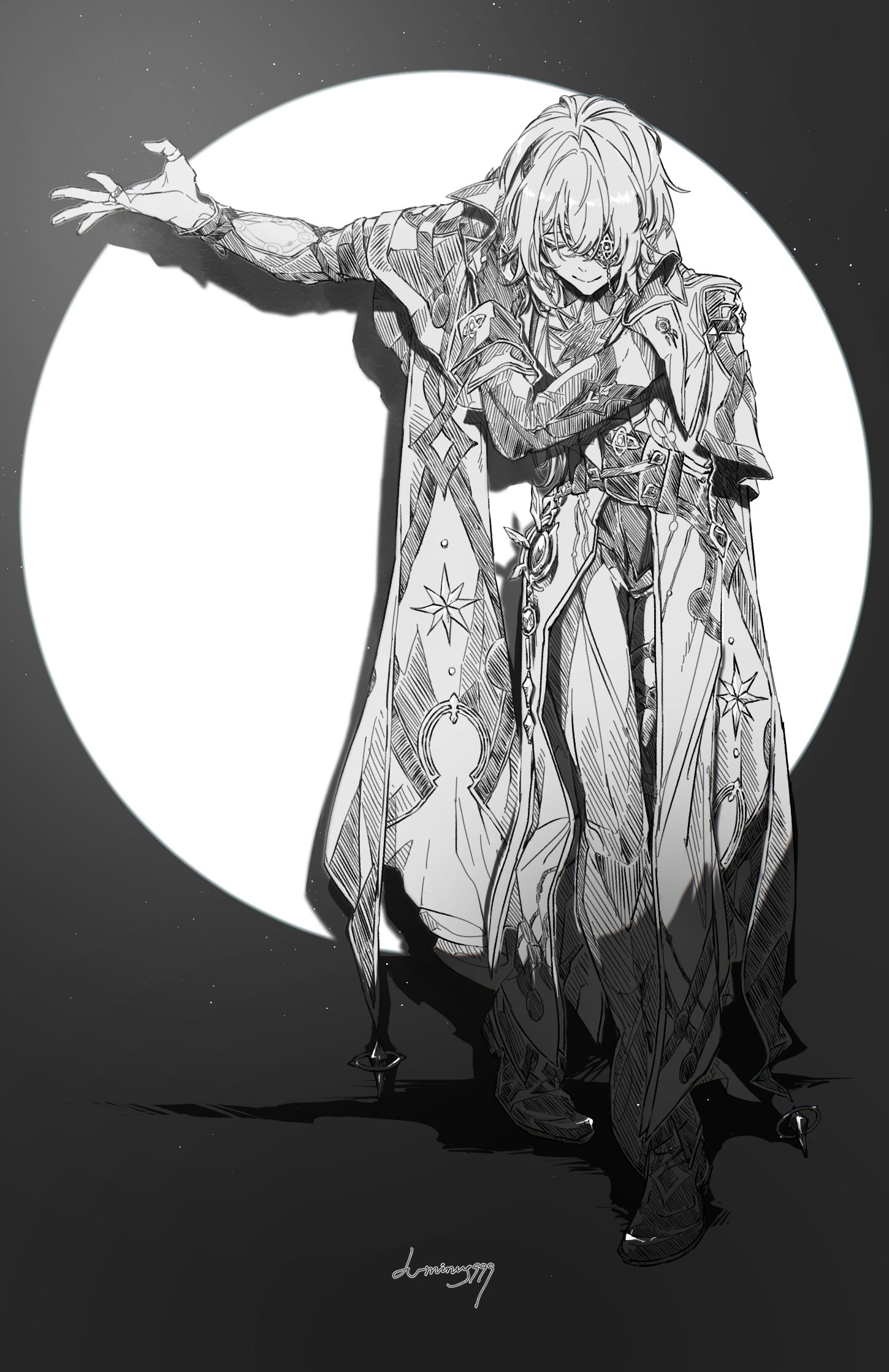 anaxa (honkai: star rail), honkai: star rail, honkai (series), highres, 1boy, ascot, cape, chain, closed eyes, closed mouth, eyepatch, full body, gloves, greco-roman clothes, greyscale, hair ornament, hands up, jacket, jewelry, lapels, long hair, long sleeves, low ponytail, lv minus999, male focus, monochrome, multiple rings, open clothes, open jacket, pants, partially fingerless gloves, ponytail, ring, shadow, shirt, shoes, simple background, single glove, smile, solo, standing, star (symbol), star print