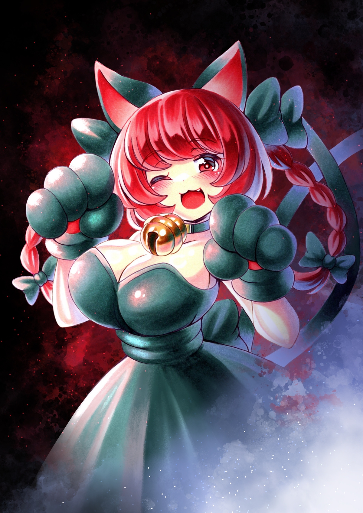 nemonadi, kaenbyou rin, touhou, commentary request, highres, 1girl, :3, ;d, animal ears, animal hands, bell, black background, black bow, black dress, blush, bow, braid, breasts, cat ears, cat girl, cat tail, cleavage, dress, fang, hair bow, large breasts, looking at viewer, multiple tails, neck bell, one eye closed, open mouth, red eyes, red hair, side braids, smile, solo, tail, twin braids, two tails