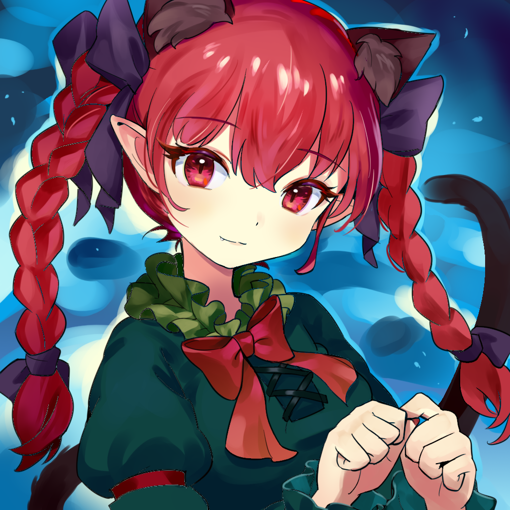 dpinkycandy, kaenbyou rin, touhou, commentary request, 1girl, animal ear fluff, animal ears, blue background, braid, cat ears, cat tail, closed mouth, extra ears, fang, long hair, looking at viewer, pointy ears, red eyes, red hair, side braids, solo, tail, twin braids, upper body