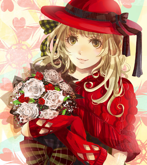 sakuragi kei, original, 1girl, blonde hair, bouquet, female focus, flower, gloves, hat, long hair, red flower, red rose, ribbon, rose, smile, solo, upper body, white flower, white rose, yellow eyes