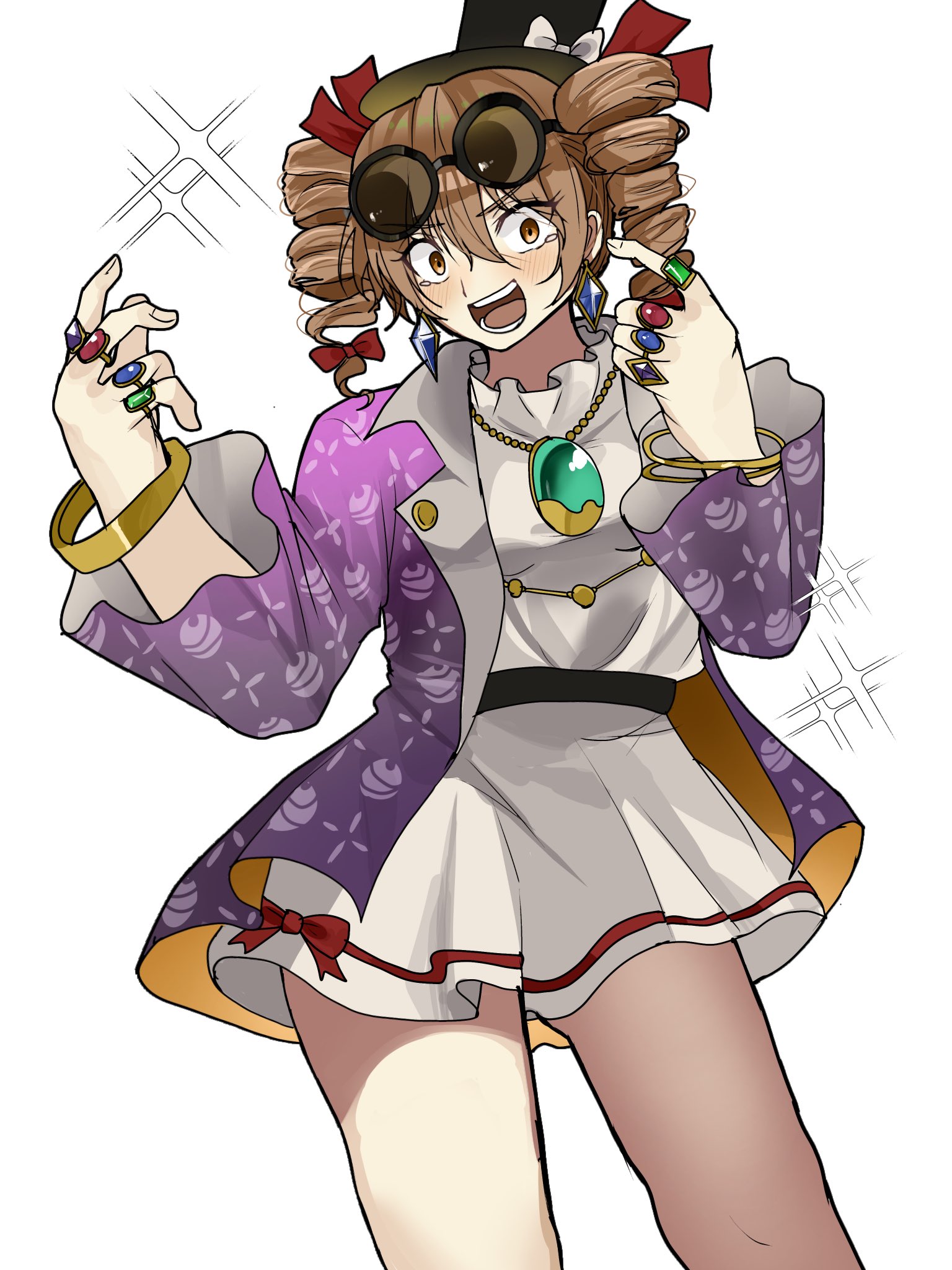 yorigami jo'on, touhou, highres, 1girl, black hat, bracelet, brown eyes, brown hair, coat, dress, drill hair, earrings, eyewear on head, hat, jewelry, long sleeves, pendant, purple coat, ring, round eyewear, simple background, solo, sunglasses, top hat, twin drills, white background, white dress, youna nan