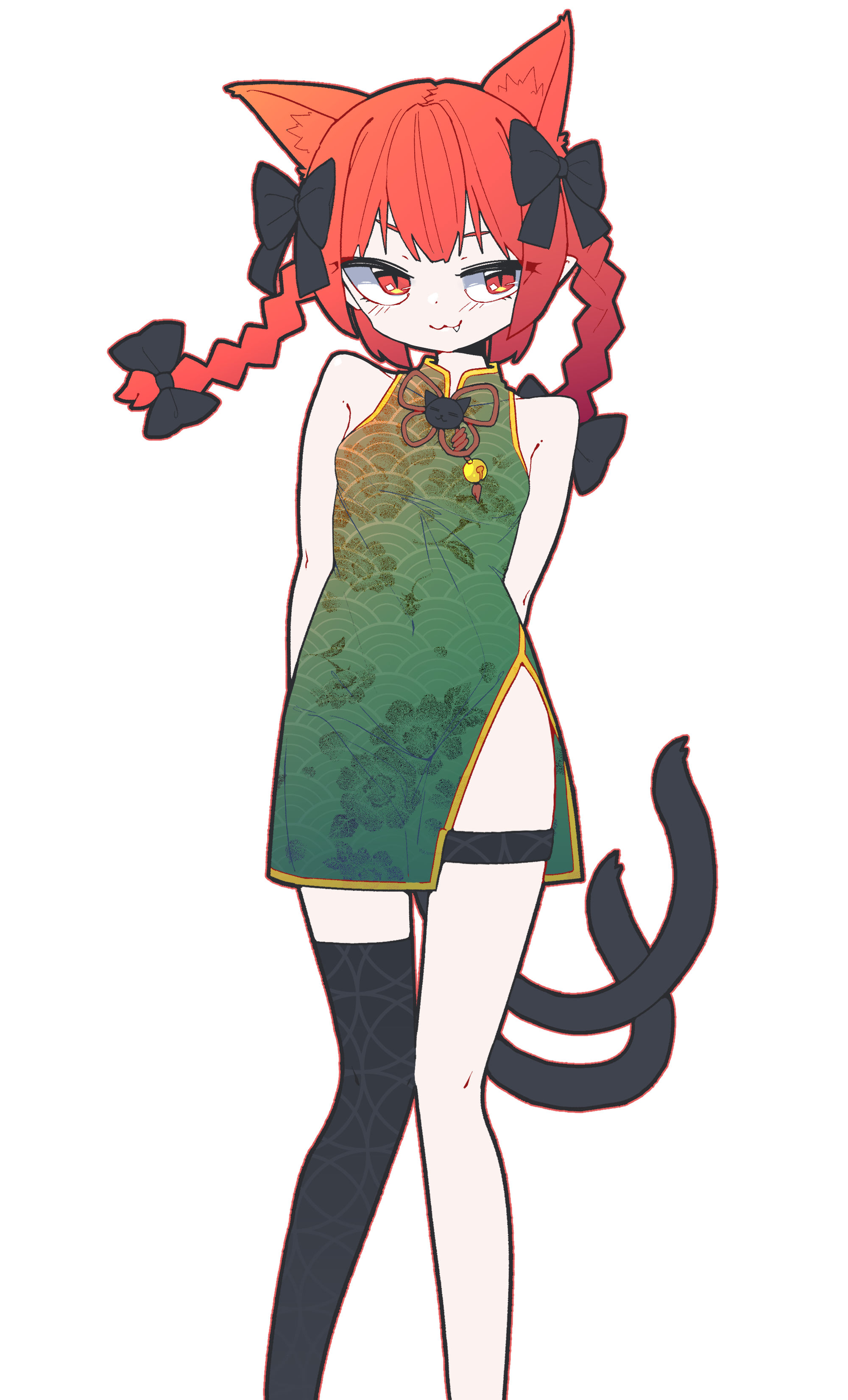 wrevhy, kaenbyou rin, touhou, absurdres, commentary, highres, 1girl, alternate costume, animal ears, arms behind back, black bow, black thighhighs, bow, cat ears, cat girl, cat tail, china dress, chinese clothes, closed mouth, dress, extra ears, fang, feet out of frame, hair bow, looking to the side, multiple tails, outline, red eyes, red hair, red outline, single thighhigh, solo, tail, thighhighs, transparent background, two tails