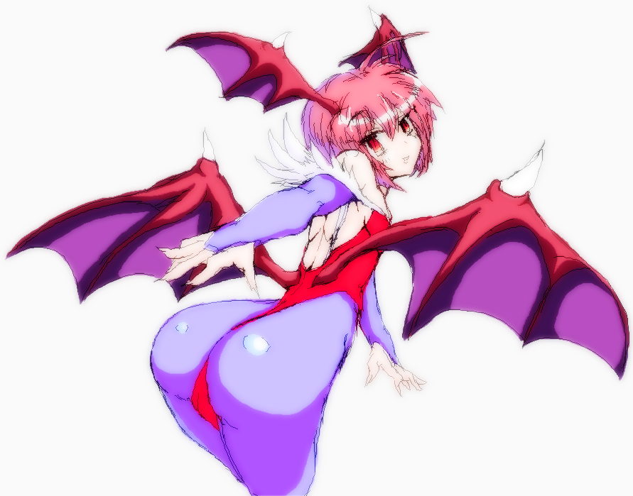 lilith (darkstalkers), capcom, darkstalkers, artist request, ass, bat wings, bent over, bridal gauntlets, demon girl, flat chest, from behind, head wings, looking back, oekaki, panties, pantyhose, pink hair, red eyes, red hair, short hair, simple background, smile, solo, spandex, thong, underwear, wings