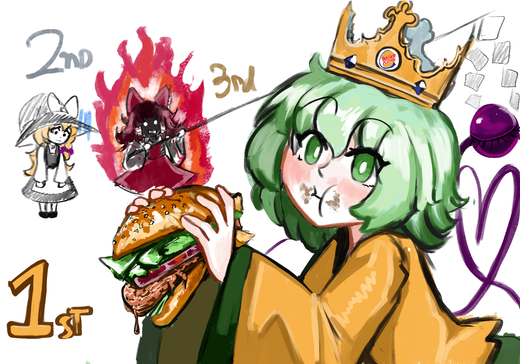 103anon, hakurei reimu, kirisame marisa, komeiji koishi, burger king, touhou, commentary, english commentary, highres, :t, blush, burger, closed mouth, crown, eating, fire, food, gohei, green eyes, green hair, holding, holding burger, holding food, looking at viewer, short hair, simple background, solo focus, touhou 21st popularity poll, white background