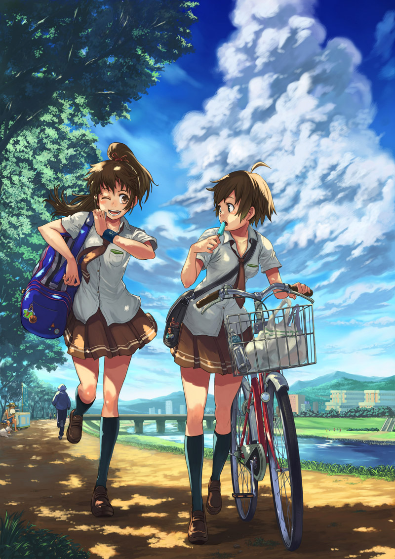 ponzu (catponz), original, blue legwear, 2girls, ;d, ahoge, bag, bag charm, basket, bicycle, blouse, blue eyes, blue sky, bottle, bridge, brown eyes, brown hair, brown necktie, brown skirt, building, charm (object), cloud, day, dog, duffel bag, eating, facing viewer, food, grass, hair ribbon, hand fan, hat, hood, hoodie, kneehighs, laughing, legs, loafers, long hair, looking at another, looking to the side, multiple girls, necktie, one eye closed, open mouth, outdoors, paper fan, park, path, pleated skirt, ponytail, popsicle, pushing bicycle, ribbon, river, road, satchel, school uniform, shirt, shoes, shopping bag, short hair, short sleeves, shoulder bag, skirt, sky, slice of life, smile, socks, straw hat, sunlight, sweatband, tree, tree shade, uchiwa, walking, water bottle, white shirt, wink, wristband