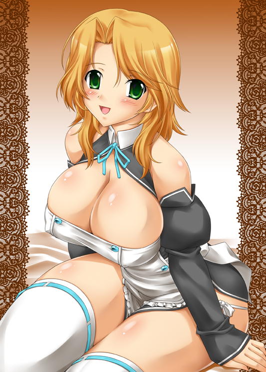 benimaru, futaba riho, dream c club, dream c club (series), bad id, bad pixiv id, 1girl, bare shoulders, blonde hair, blush, breasts, cleavage, covered erect nipples, crossover, detached sleeves, elbow gloves, female focus, gloves, green eyes, huge breasts, open mouth, panties, short hair, side-tie panties, sitting, solo, thighhighs, underwear, white thighhighs