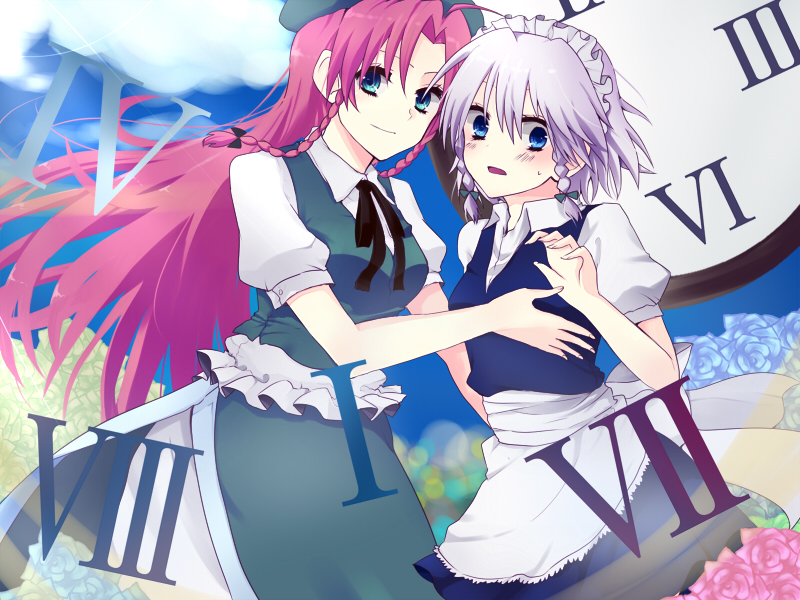 kanaritu, hong meiling, izayoi sakuya, embodiment of scarlet devil, touhou, silver hair, bad id, bad pixiv id, 2girls, apron, blue eyes, braid, china dress, chinese clothes, dress, female focus, hat, long hair, maid, maid apron, maid headdress, multiple girls, red hair, short hair, twin braids