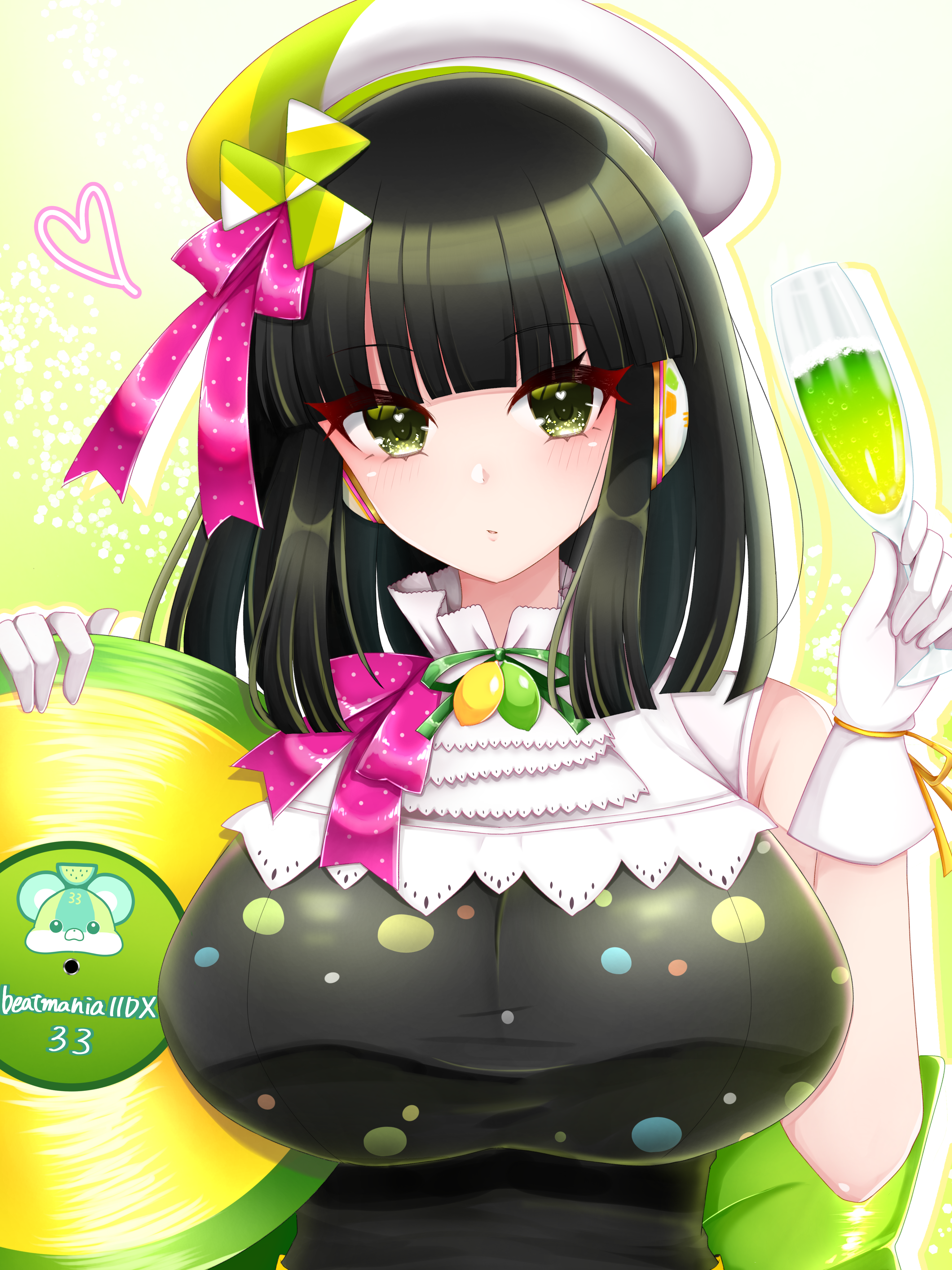 otachi a, hinazuki ririna, beatmania iidx, bemani, absurdres, commentary request, highres, 1girl, beatmania iidx 33 sparkle shower, beret, black dress, black hair, blunt bangs, blush, bow, breasts, champagne flute, closed mouth, collar, cup, dress, drinking glass, expressionless, gloves, green eyes, green ribbon, hair ribbon, hat, holding, holding cup, large breasts, looking at viewer, medium hair, pink bow, ribbon, sleeveless, sleeveless dress, solo, upper body, white collar, white gloves, white hat
