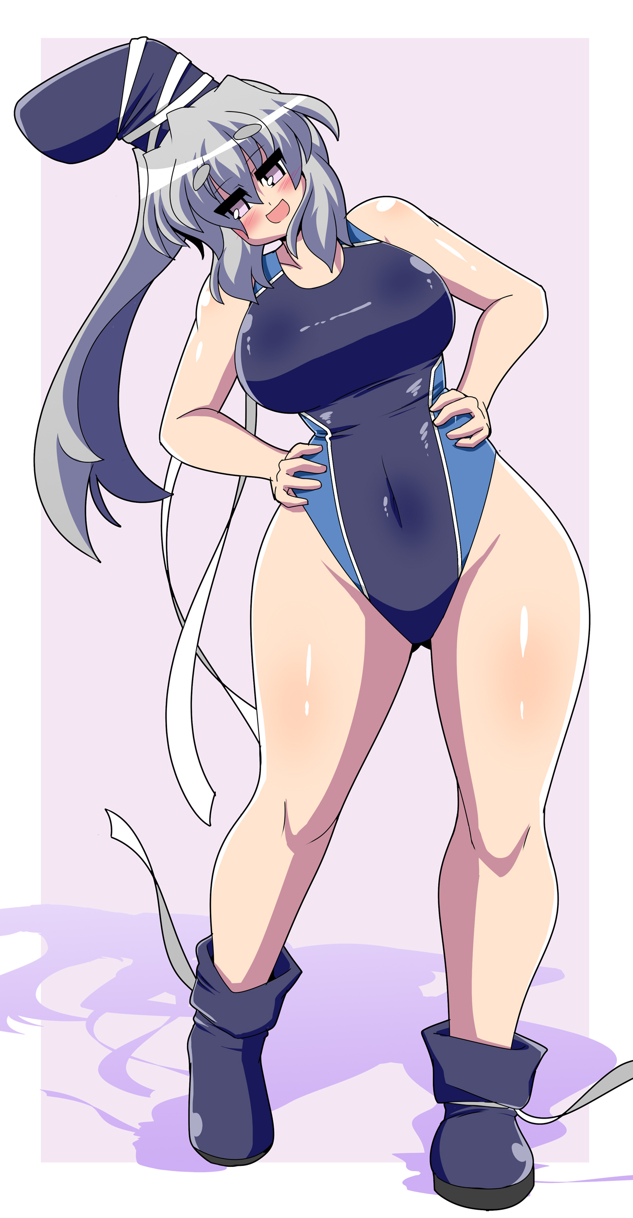 akasode (tyaramu), mononobe no futo, touhou, absurdres, commentary request, highres, 1girl, alternate breast size (larger), black hat, black one-piece swimsuit, black shoes, blush, breasts, competition swimsuit, covered navel, full body, grey background, grey eyes, grey hair, hands on own hips, hat, large breasts, long hair, looking at viewer, one-piece swimsuit, open mouth, ponytail, shoes, short eyebrows, solo, standing, swimsuit, tate eboshi