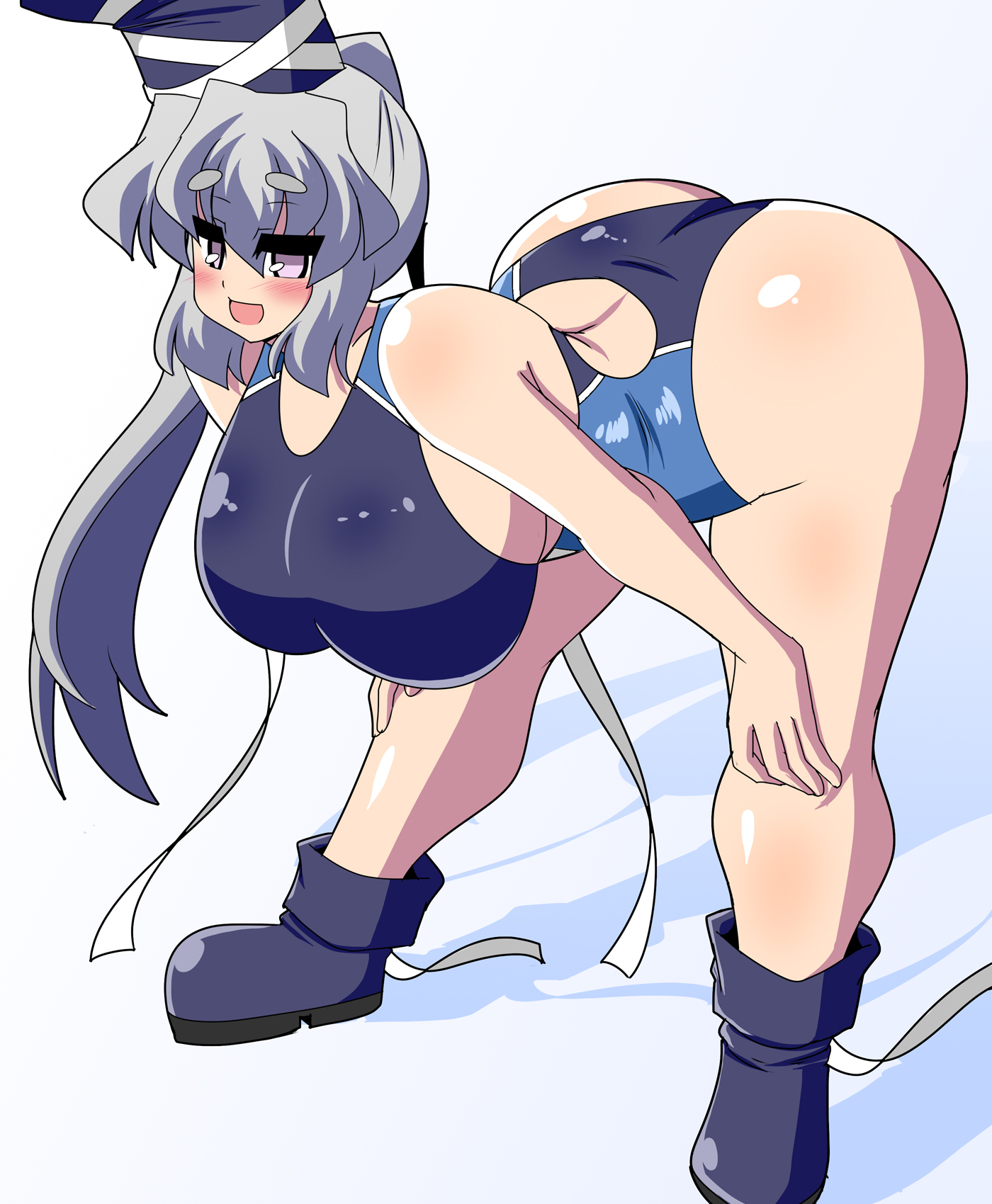 akasode (tyaramu), mononobe no futo, touhou, commentary request, highres, 1girl, alternate breast size (larger), bent over, black hat, black one-piece swimsuit, black shoes, breasts, grey hair, hands on own knees, hat, large breasts, long hair, one-piece swimsuit, ponytail, shoes, simple background, solo, swimsuit, tate eboshi, white background