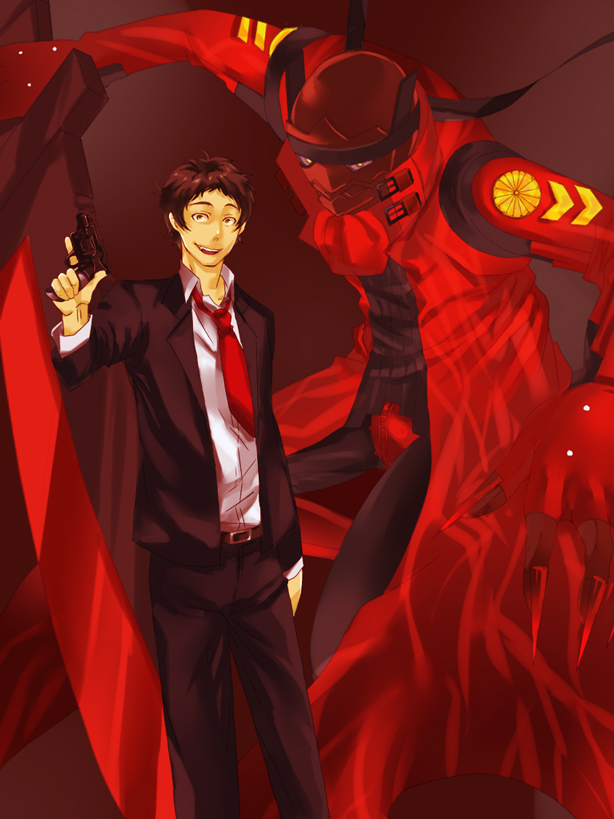 marumaruta, adachi tooru, magatsu izanagi, atlus, persona, persona 4, bad id, bad pixiv id, spoilers, 1boy, brown hair, gun, male focus, necktie, smile, weapon