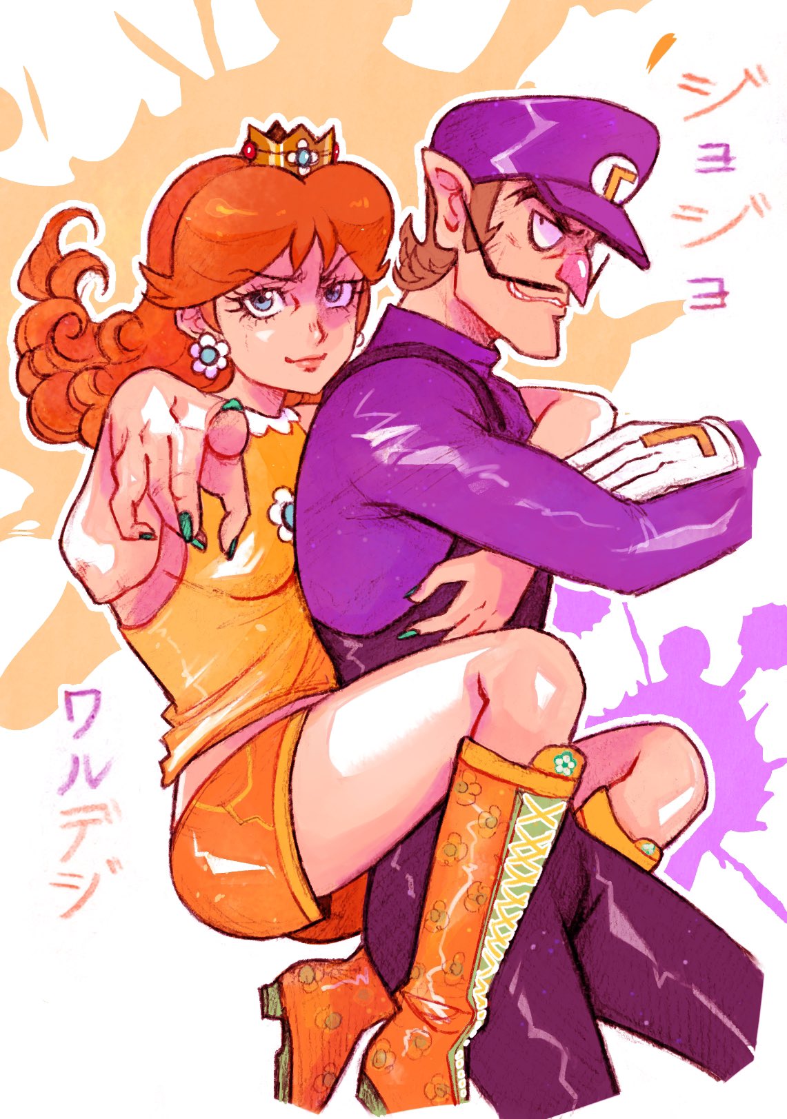 onirizu, princess daisy, waluigi, mario (series), nintendo, highres, 1boy, 1girl, black overalls, boots, brown hair, crown, earrings, facial hair, flower earrings, gloves, green nails, hat, jewelry, long hair, mustache, nail polish, orange boots, orange shorts, overalls, pointy ears, purple hat, purple shirt, shirt, shorts, white gloves