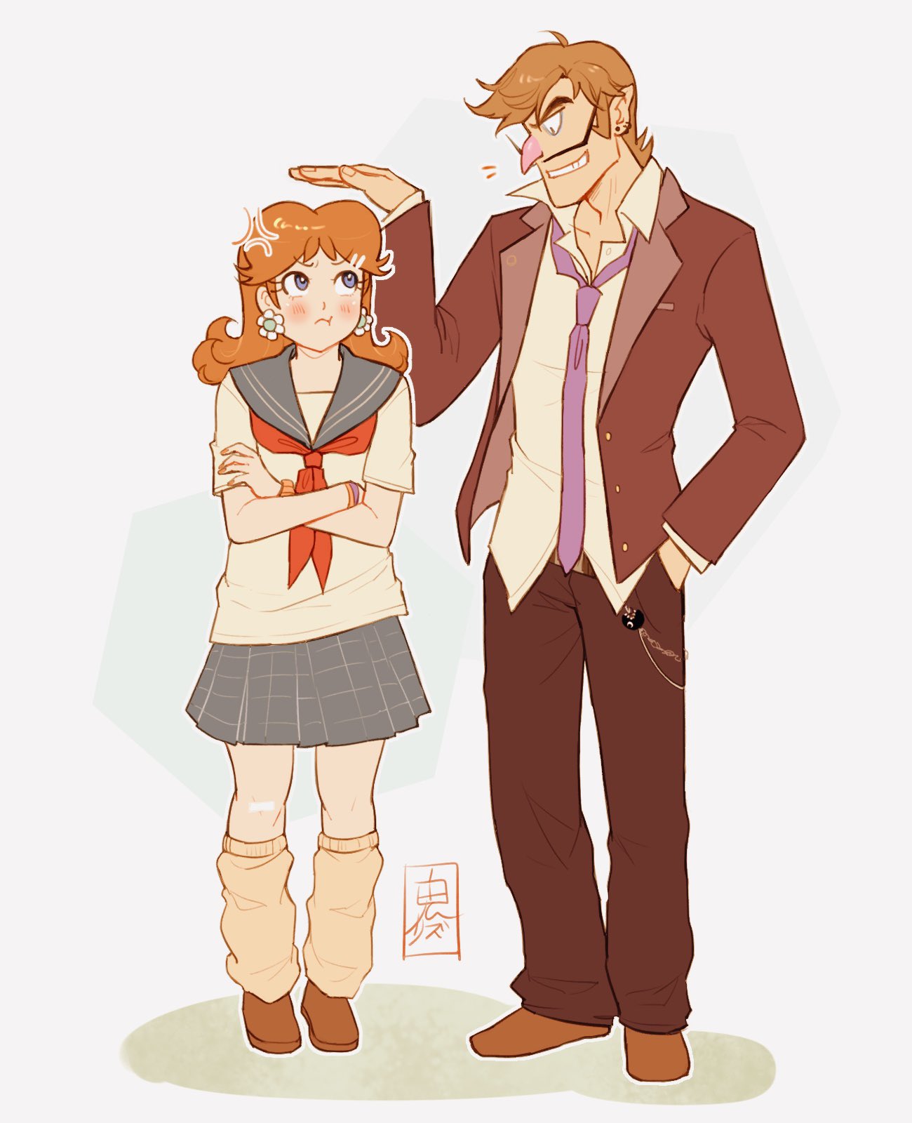 onirizu, princess daisy, waluigi, mario (series), nintendo, highres, 1boy, 1girl, black pants, blue eyes, brown hair, brown shoes, crossed arms, earrings, facial hair, flower earrings, grey background, jewelry, leg warmers, long hair, mustache, neckerchief, necktie, pants, pointy ears, purple necktie, red neckerchief, school uniform, shoes, simple background, skirt