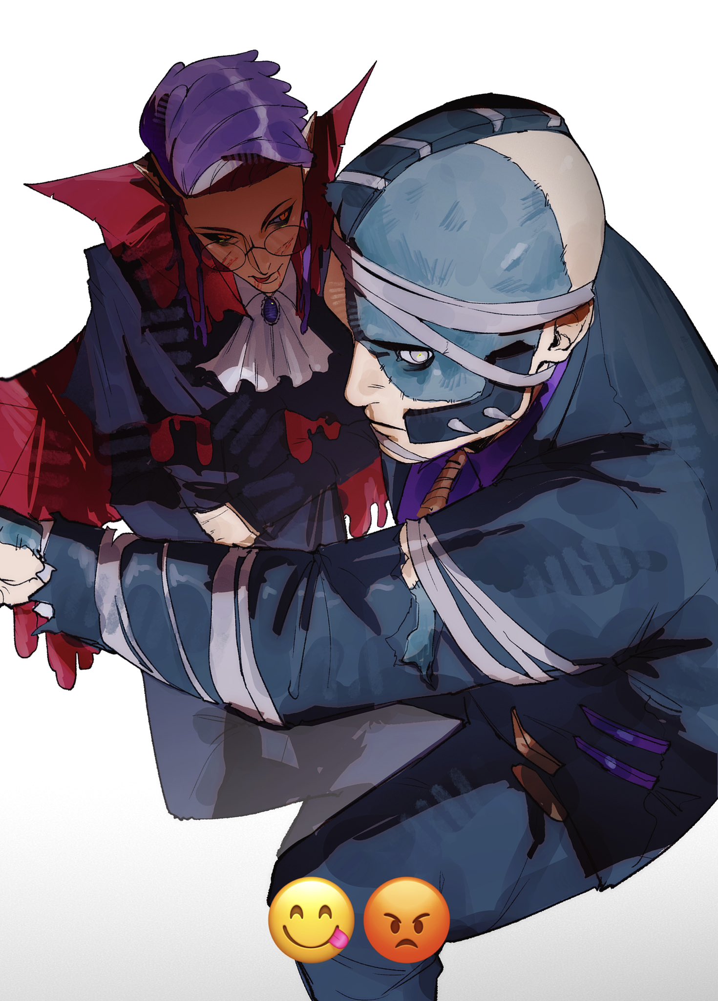 shu0718, corbeau (pokemon), frankenstein's monster, philippe (pokemon), nintendo, pokemon, pokemon legends: z-a, highres, 2boys, ascot, bandages, black-framed eyewear, black hair, black jacket, collared cape, collared shirt, cosplay, emoji, frankenstein's monster (cosplay), glasses, halloween costume, jacket, looking at another, looking at viewer, male focus, mohawk, multiple boys, necktie, orange necktie, purple hair, purple shirt, round eyewear, shirt, short hair, sideburns, simple background, stitched face, stitches, suit jacket, undercut, vampire costume, white background, white eyes, yellow eyes