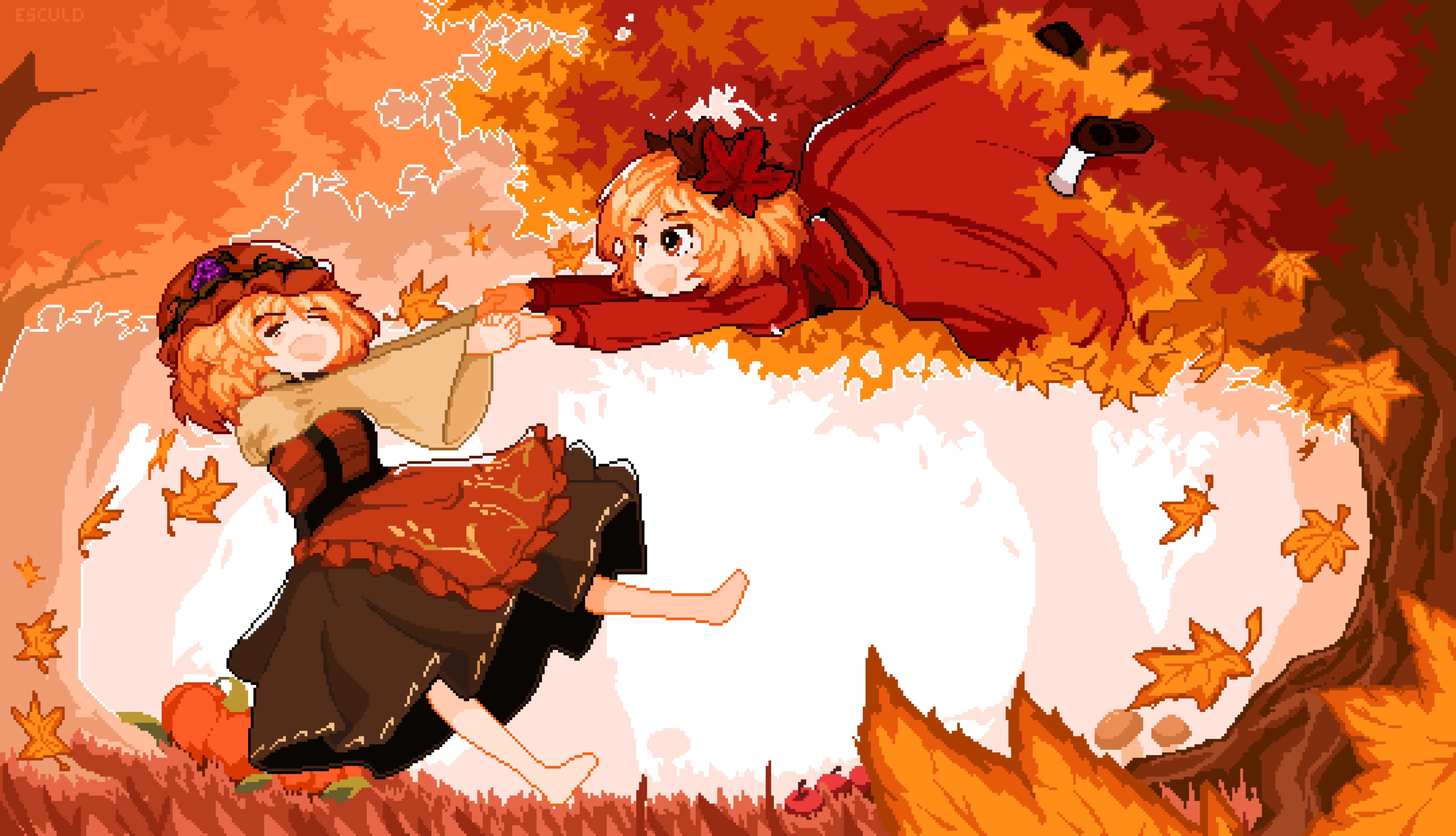 esculd, aki minoriko, aki shizuha, touhou, absurdres, commentary, highres, 2girls, apron, autumn leaves, barefoot, black skirt, dress, food, fruit, full body, grapes, hair ornament, hat, holding hands, leaf, leaf hair ornament, long sleeves, looking at another, mob cap, multiple girls, orange hair, outdoors, pixel art, pumpkin, red apron, red dress, red eyes, red hat, short hair, siblings, sisters, skirt, tree