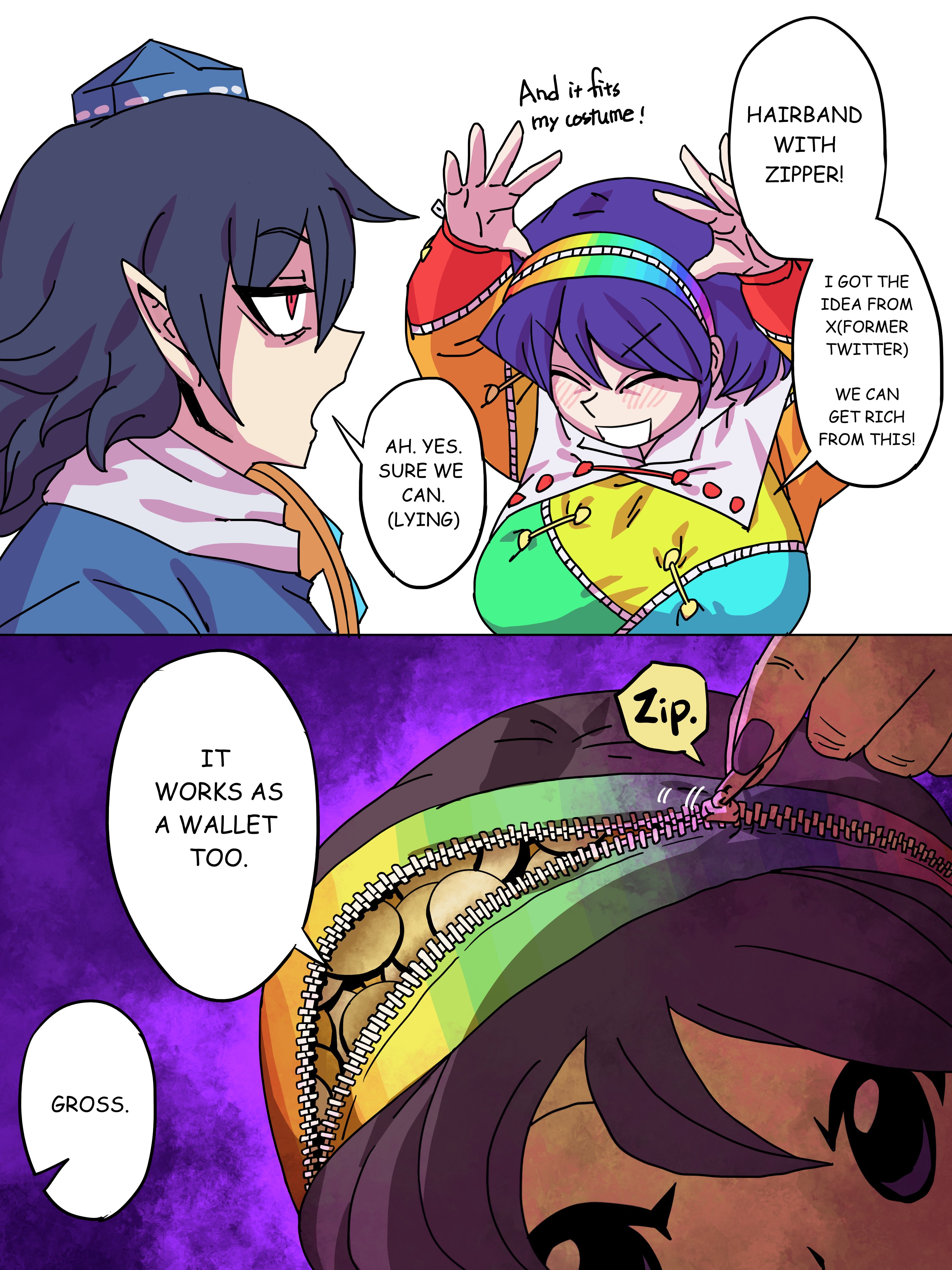 eddybird55555, iizunamaru megumu, tenkyuu chimata, touhou, absurdres, commentary, highres, symbol-only commentary, 2girls, ^ ^, black hair, blue hair, blue hat, closed eyes, english text, hairband, hat, multicolored hairband, multiple girls, pointy ears, red eyes, speech bubble, tokin hat, zipper, zun (style)