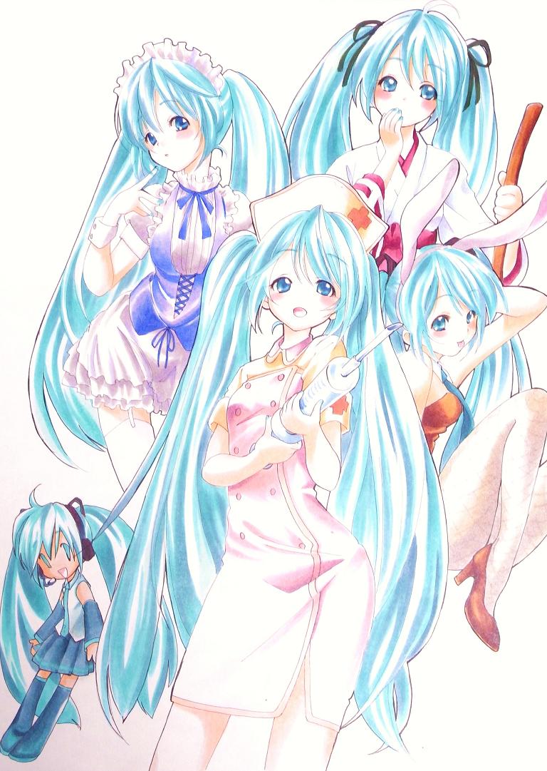 hatsune miku, vocaloid, bad id, bad pixiv id, 1girl, alternate costume, animal ear hairband, animal ears, aqua eyes, aqua hair, aqua nails, enmaided, fake animal ears, hair ribbon, hairband, hat, japanese clothes, kimono, long hair, maid, nail polish, nurse, playboy bunny, rabbit ear hairband, rabbit ears, ribbon, syringe, twintails