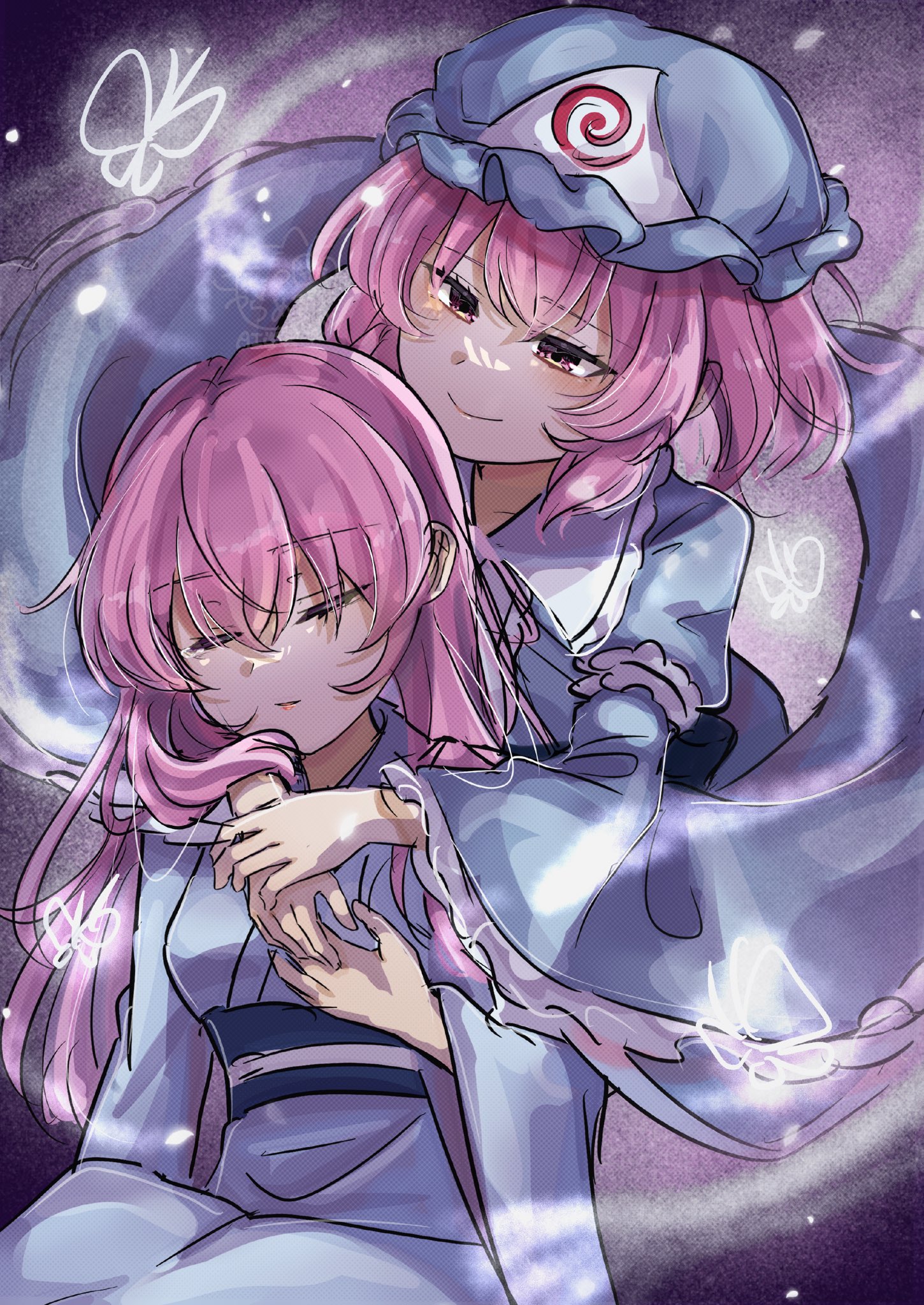 caramel umashi, saigyouji yuyuko, saigyouji yuyuko (living), touhou, highres, 2girls, blue kimono, bug, butterfly, closed eyes, insect, japanese clothes, kimono, long hair, long sleeves, multiple girls, pink eyes, pink hair, short hair, wide sleeves