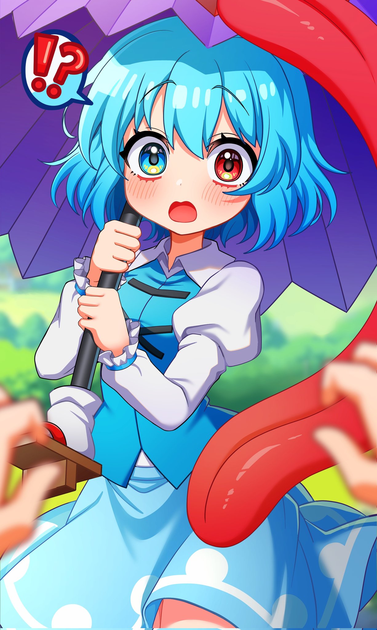ishiki nuru, tatara kogasa, touhou, commentary request, corrupted twitter file, highres, !?, 1girl, 1other, blue eyes, blue hair, blue skirt, blue vest, blurry, blurry background, blush, heterochromia, holding, holding umbrella, juliet sleeves, karakasa obake, long sleeves, open mouth, outdoors, pov, pov hands, puffy sleeves, purple umbrella, red eyes, shirt, short hair, skirt, solo focus, spoken interrobang, tongue, umbrella, vest, white shirt