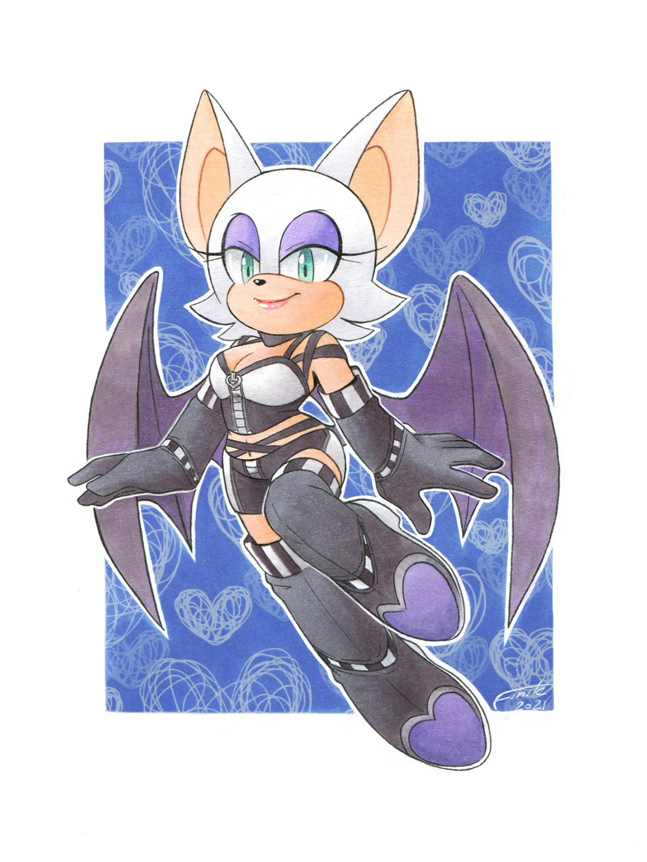 finik, rouge the bat, sonic (series), sonic adventure 2, highres, alternate costume, animal ears, bat ears, bat wings, black boots, black gloves, black shorts, blue background, boots, breasts, choker, cleavage cutout, clothing cutout, elbow gloves, floating, gloves, green eyes, large breasts, lipstick, makeup, midriff, multicolored boots, navel, official alternate costume, pink lips, shorts, simple background, smile, thigh boots, two-tone boots, underbust, white background, white fur, wings
