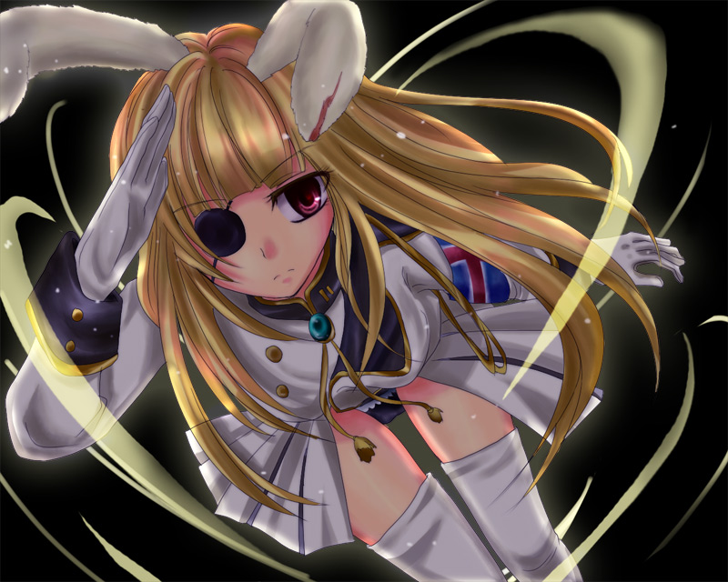asame (carino), chiester00, umineko no naku koro ni, bad id, bad pixiv id, 00s, 1girl, animal ears, blonde hair, eyepatch, female focus, pink eyes, rabbit ears, showgirl skirt, solo, thighhighs