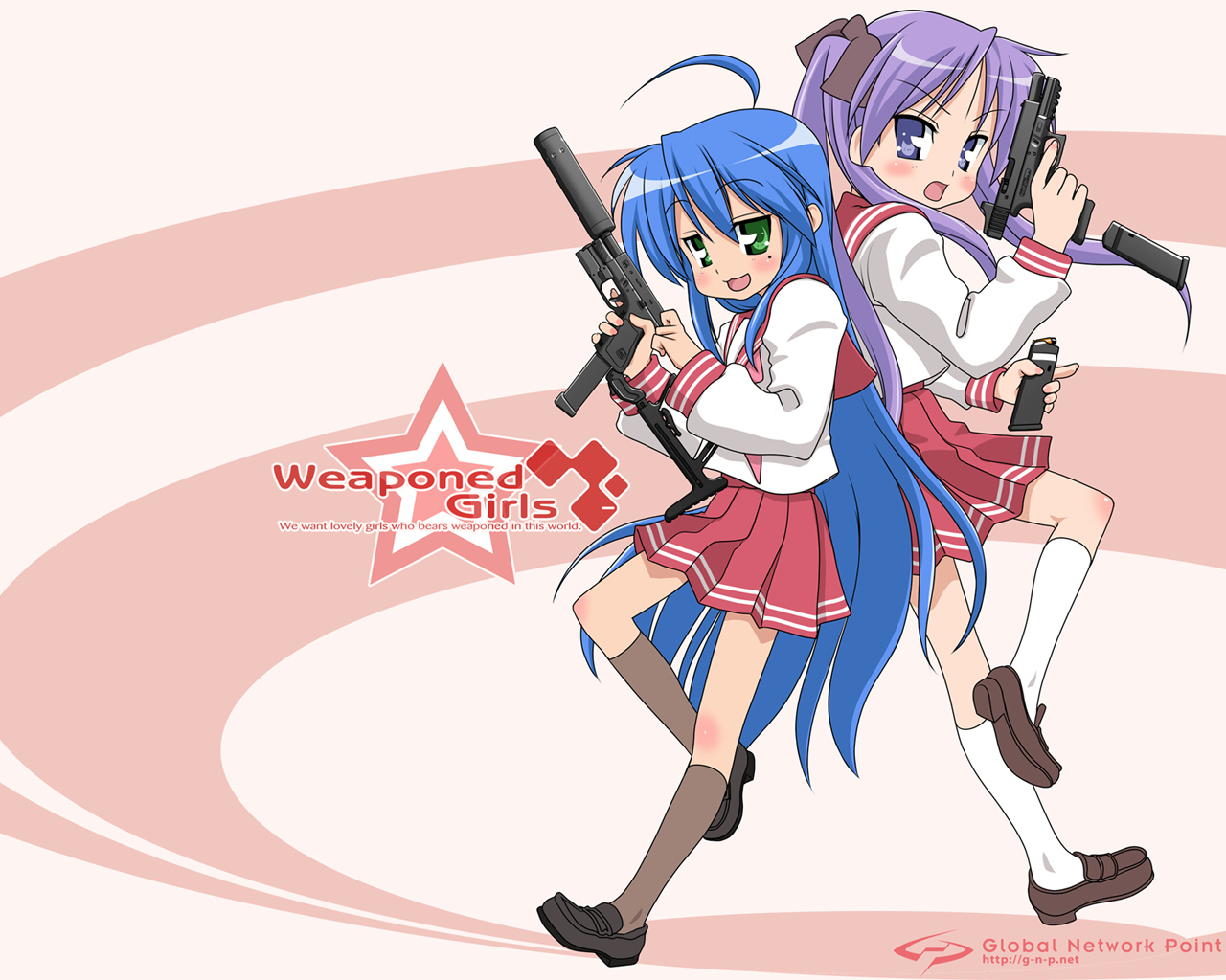 kurowashi, hiiragi kagami, izumi konata, lucky star, 00s, 2girls, ahoge, back-to-back, blue hair, cocking gun, english text, engrish text, glock, green eyes, gun, handgun, kneehighs, long hair, magazine (weapon), mole, mole under eye, multiple girls, purple eyes, purple hair, ranguage, school uniform, serafuku, socks, twintails, weapon
