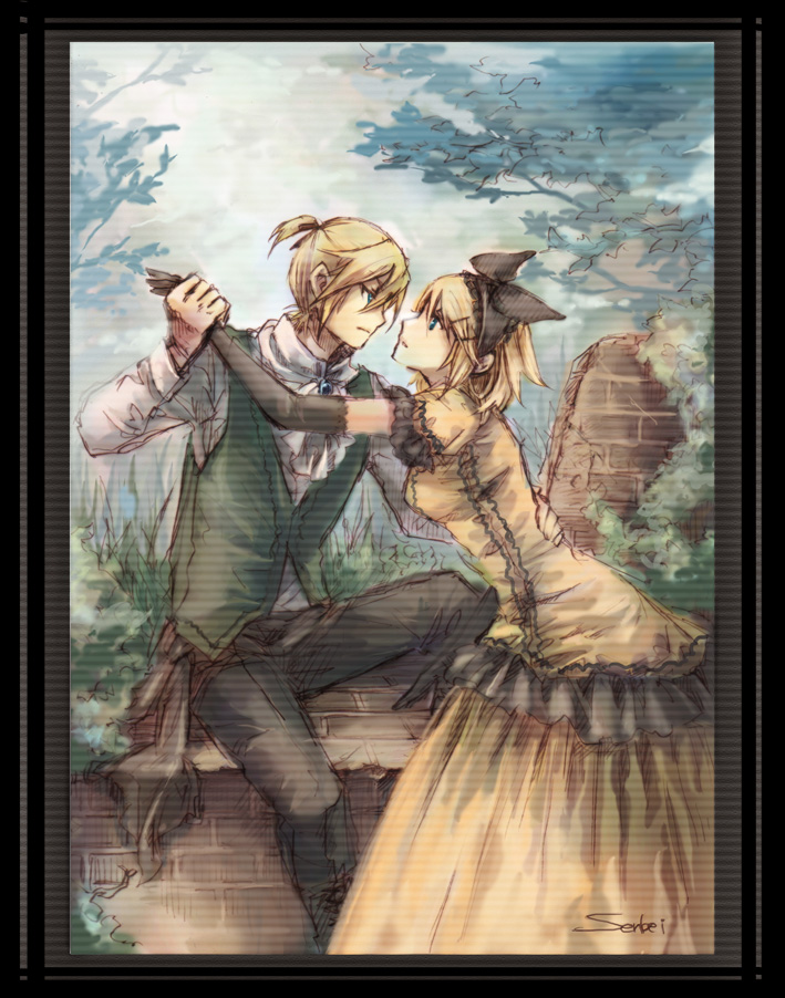 senbei (roof-lock), allen avadonia, kagamine len, kagamine rin, riliane lucifen d'autriche, aku no musume (vocaloid), evillious nendaiki, vocaloid, bad id, bad pixiv id, 1boy, 1girl, blonde hair, blue eyes, brother and sister, dress, elbow gloves, gloves, hair ornament, hair ribbon, hairclip, ribbon, short hair, siblings, sitting, twins, yellow dress